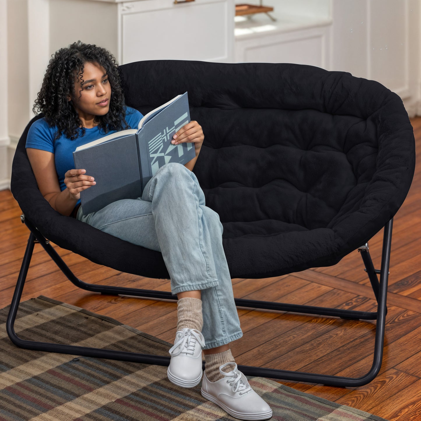 Eleanor 56" Portable Folding Double Saucer Chair in Black Faux Fur with a Black Steel Frame for Dorm, Living Room, or Bedroom Black Fabric/Black Frame