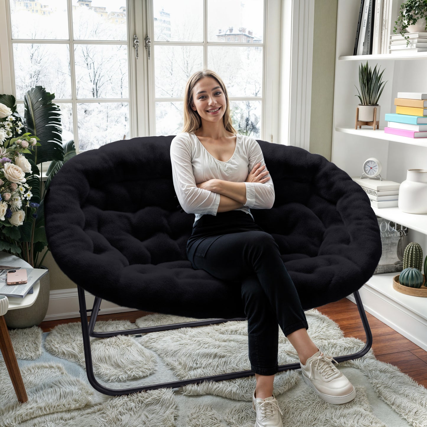 Eleanor 56" Portable Folding Double Saucer Chair in Black Faux Fur with a Black Steel Frame for Dorm, Living Room, or Bedroom Black Fabric/Black Frame