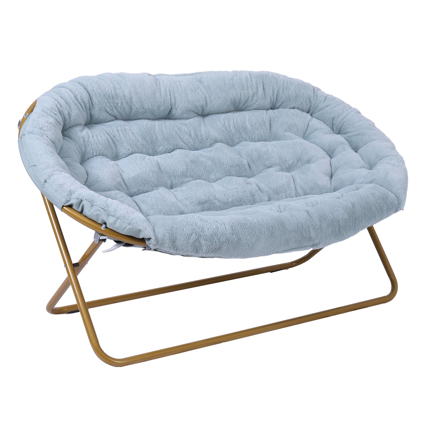 Eleanor 56" Portable Folding Double Saucer Chair in Dusty Aqua Faux Fur with a Soft Gold Steel Frame for Dorm, Living Room, or Bedroom Aqua Fabric/Soft Gold Frame
