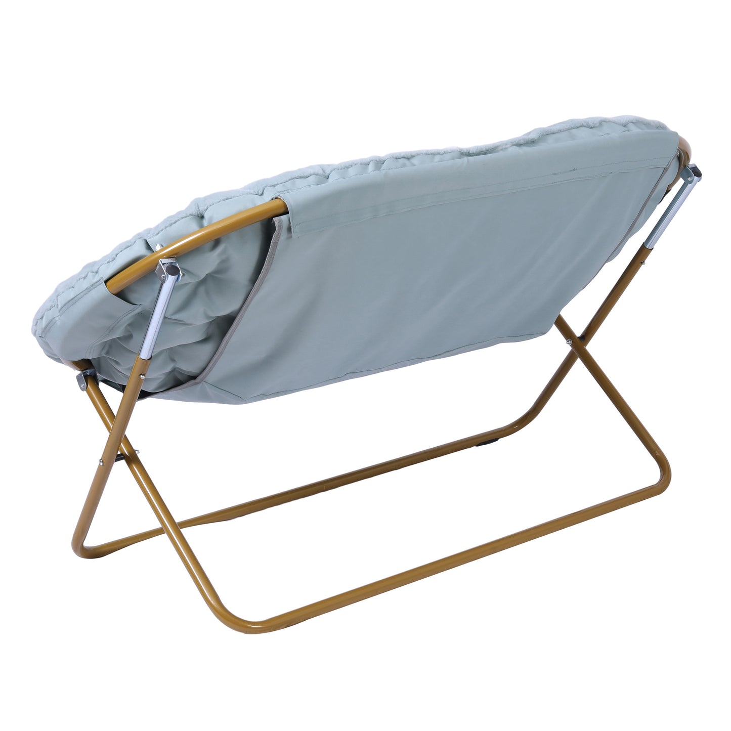 Eleanor 56" Portable Folding Double Saucer Chair in Dusty Aqua Faux Fur with a Soft Gold Steel Frame for Dorm, Living Room, or Bedroom Aqua Fabric/Soft Gold Frame