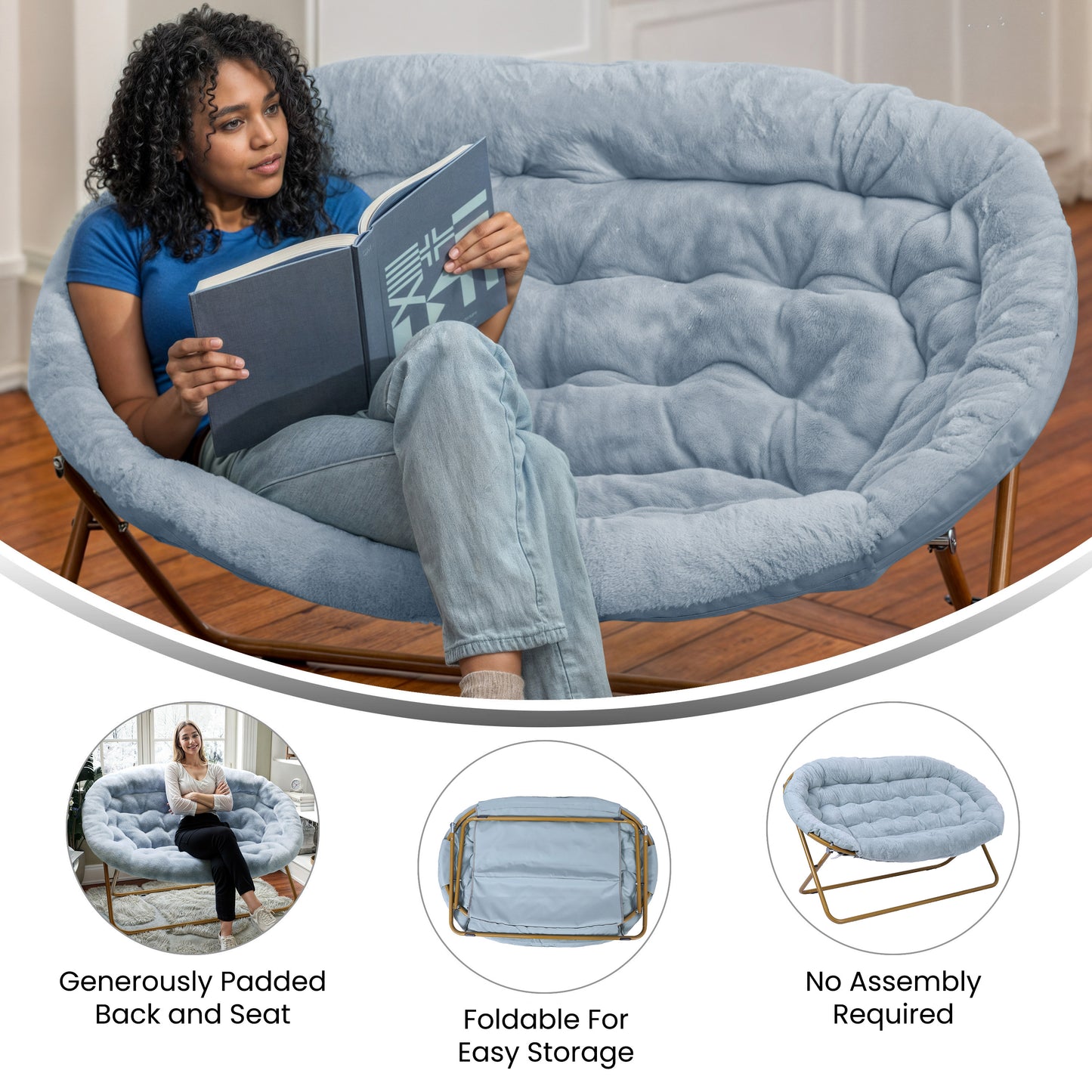 Eleanor 56" Portable Folding Double Saucer Chair in Dusty Aqua Faux Fur with a Soft Gold Steel Frame for Dorm, Living Room, or Bedroom Aqua Fabric/Soft Gold Frame