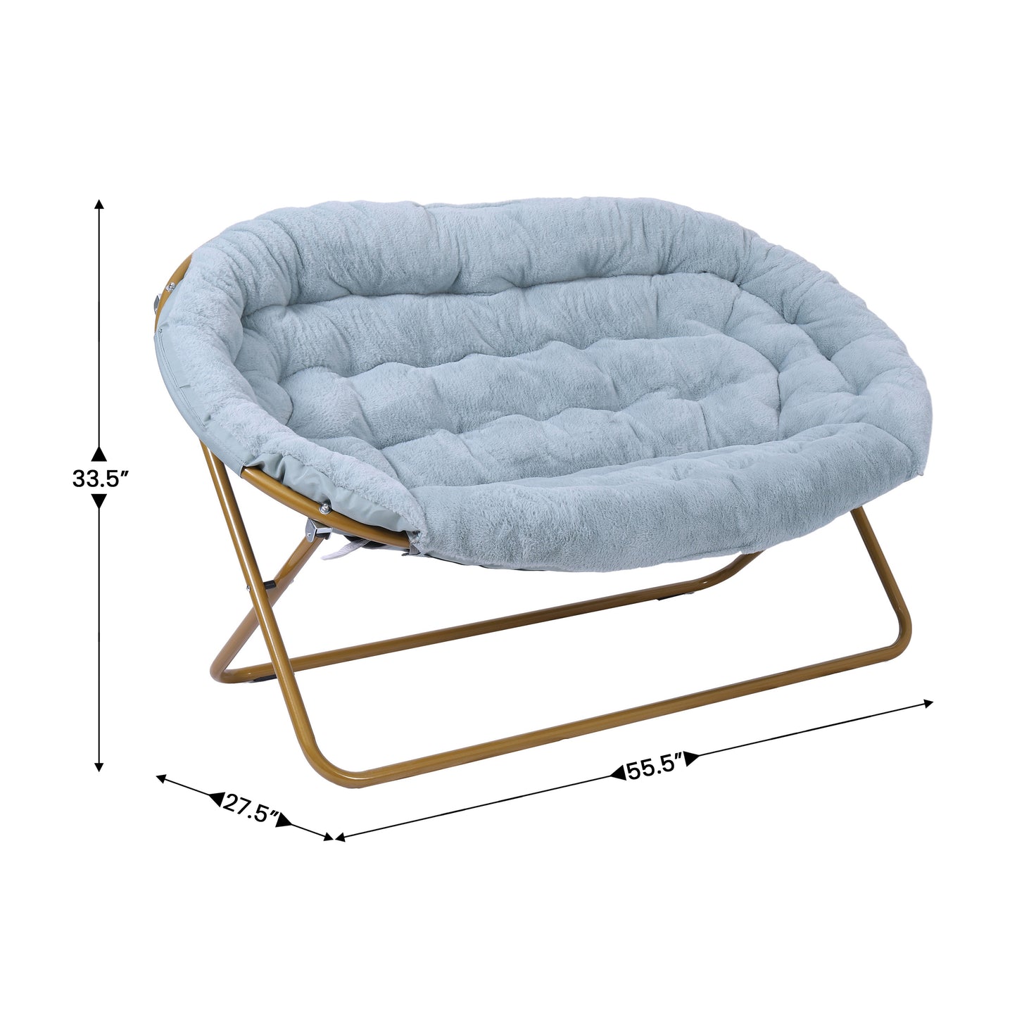 Eleanor 56" Portable Folding Double Saucer Chair in Dusty Aqua Faux Fur with a Soft Gold Steel Frame for Dorm, Living Room, or Bedroom Aqua Fabric/Soft Gold Frame