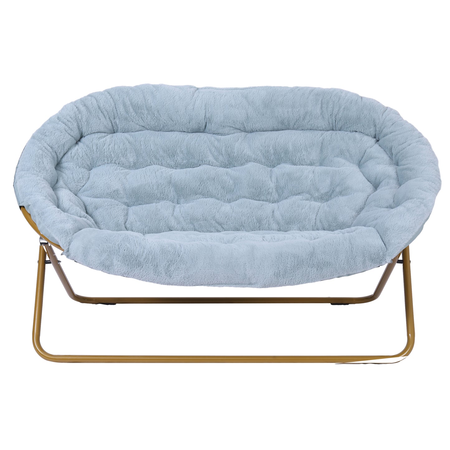 Eleanor 56" Portable Folding Double Saucer Chair in Dusty Aqua Faux Fur with a Soft Gold Steel Frame for Dorm, Living Room, or Bedroom Aqua Fabric/Soft Gold Frame
