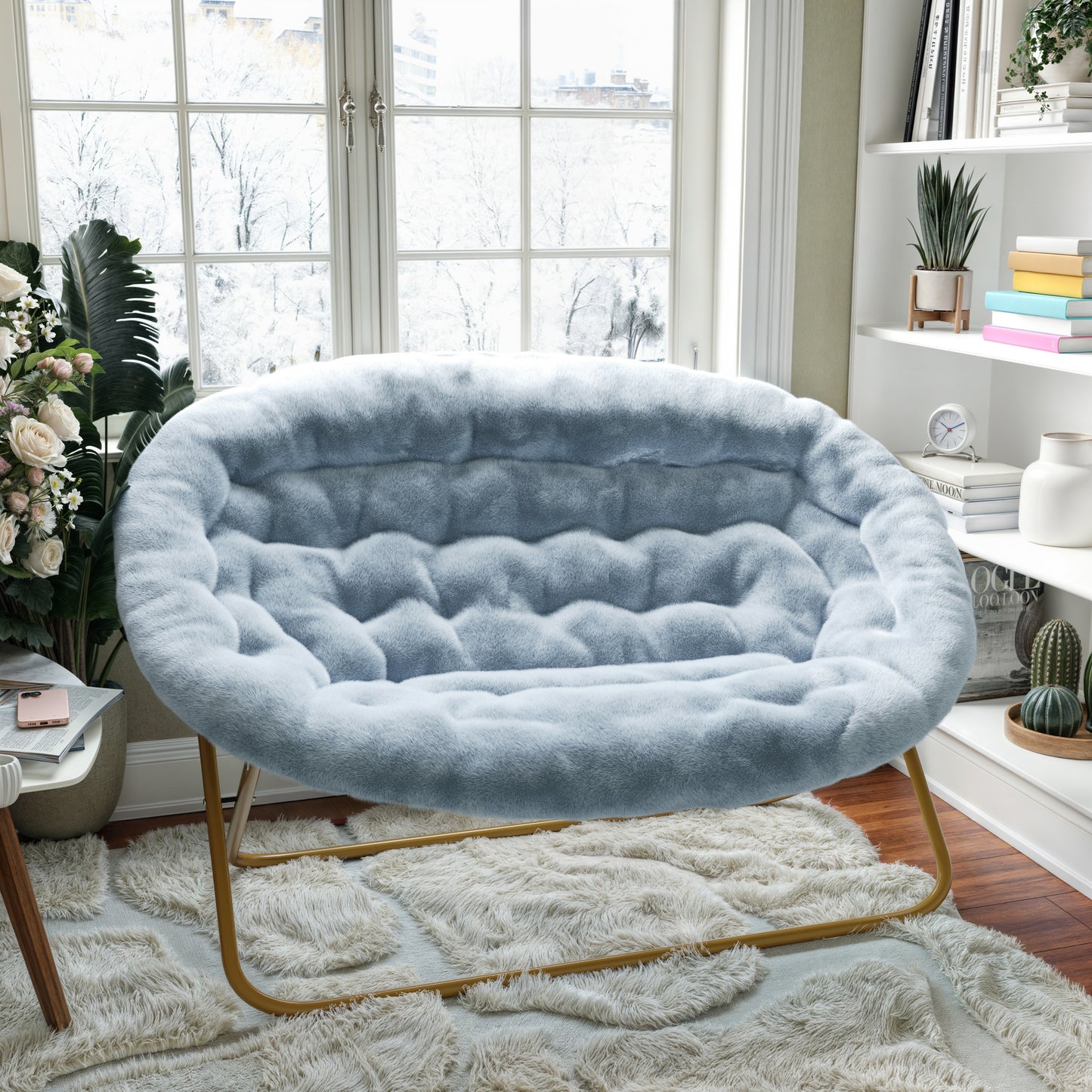 Eleanor 56" Portable Folding Double Saucer Chair in Dusty Aqua Faux Fur with a Soft Gold Steel Frame for Dorm, Living Room, or Bedroom Aqua Fabric/Soft Gold Frame
