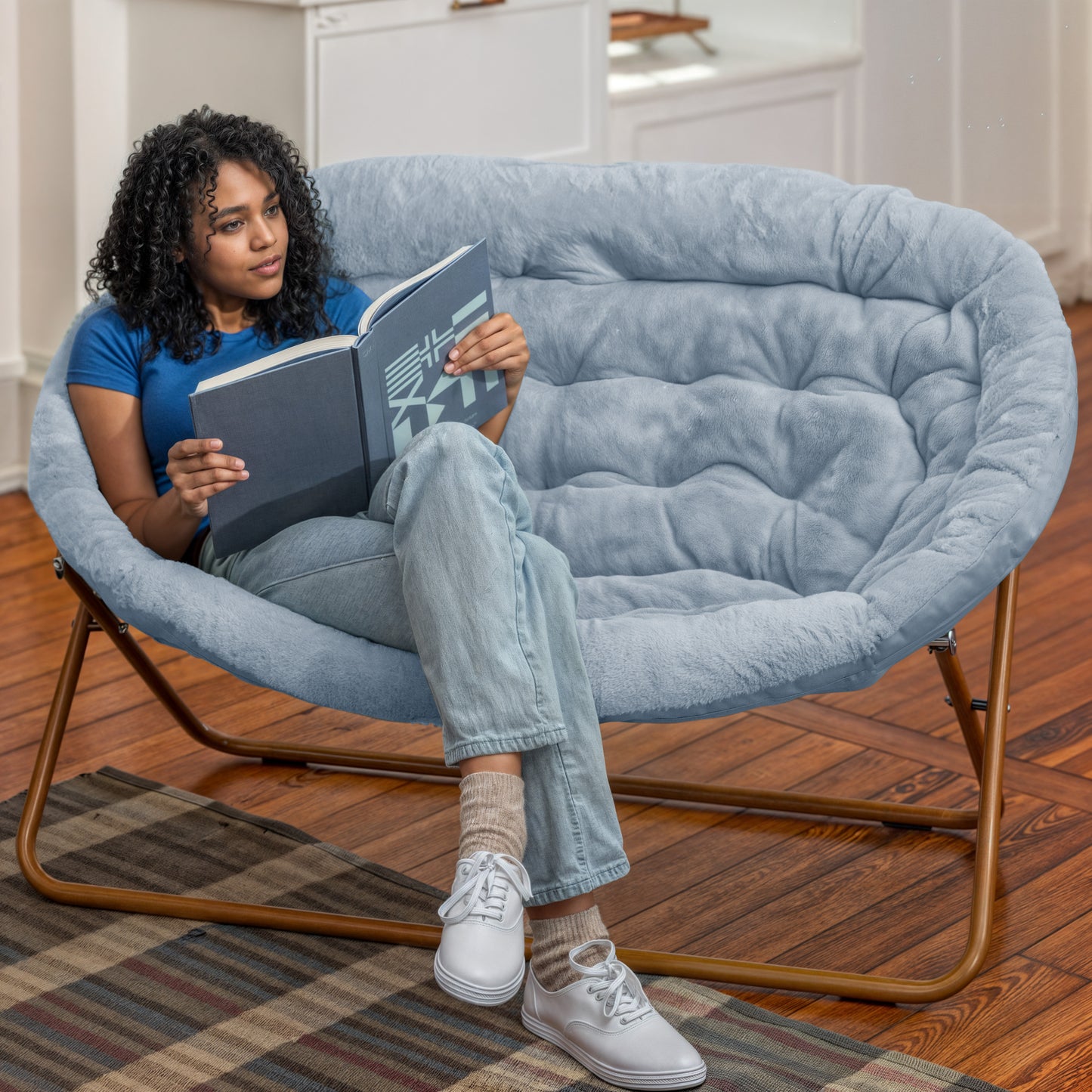 Eleanor 56" Portable Folding Double Saucer Chair in Dusty Aqua Faux Fur with a Soft Gold Steel Frame for Dorm, Living Room, or Bedroom Aqua Fabric/Soft Gold Frame