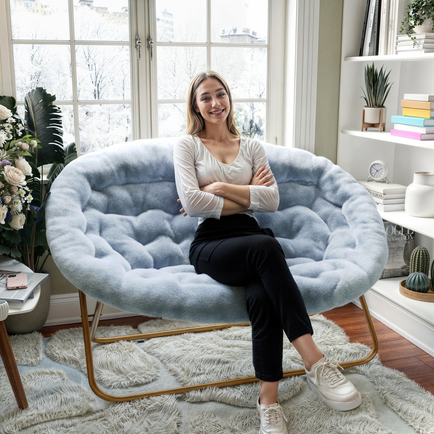 Eleanor 56" Portable Folding Double Saucer Chair in Dusty Aqua Faux Fur with a Soft Gold Steel Frame for Dorm, Living Room, or Bedroom Aqua Fabric/Soft Gold Frame