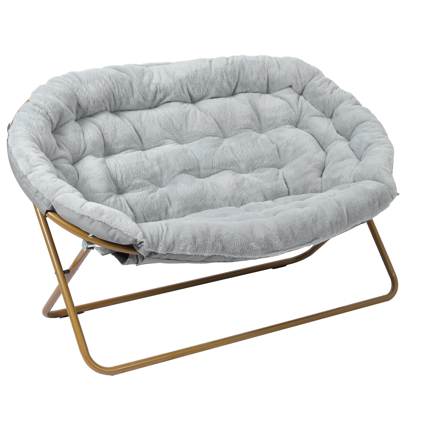 Eleanor 56" Portable Folding Double Saucer Chair in Gray Faux Fur with a Soft Gold Steel Frame for Dorm, Living Room, or Bedroom Gray Fabric/Soft Gold Frame