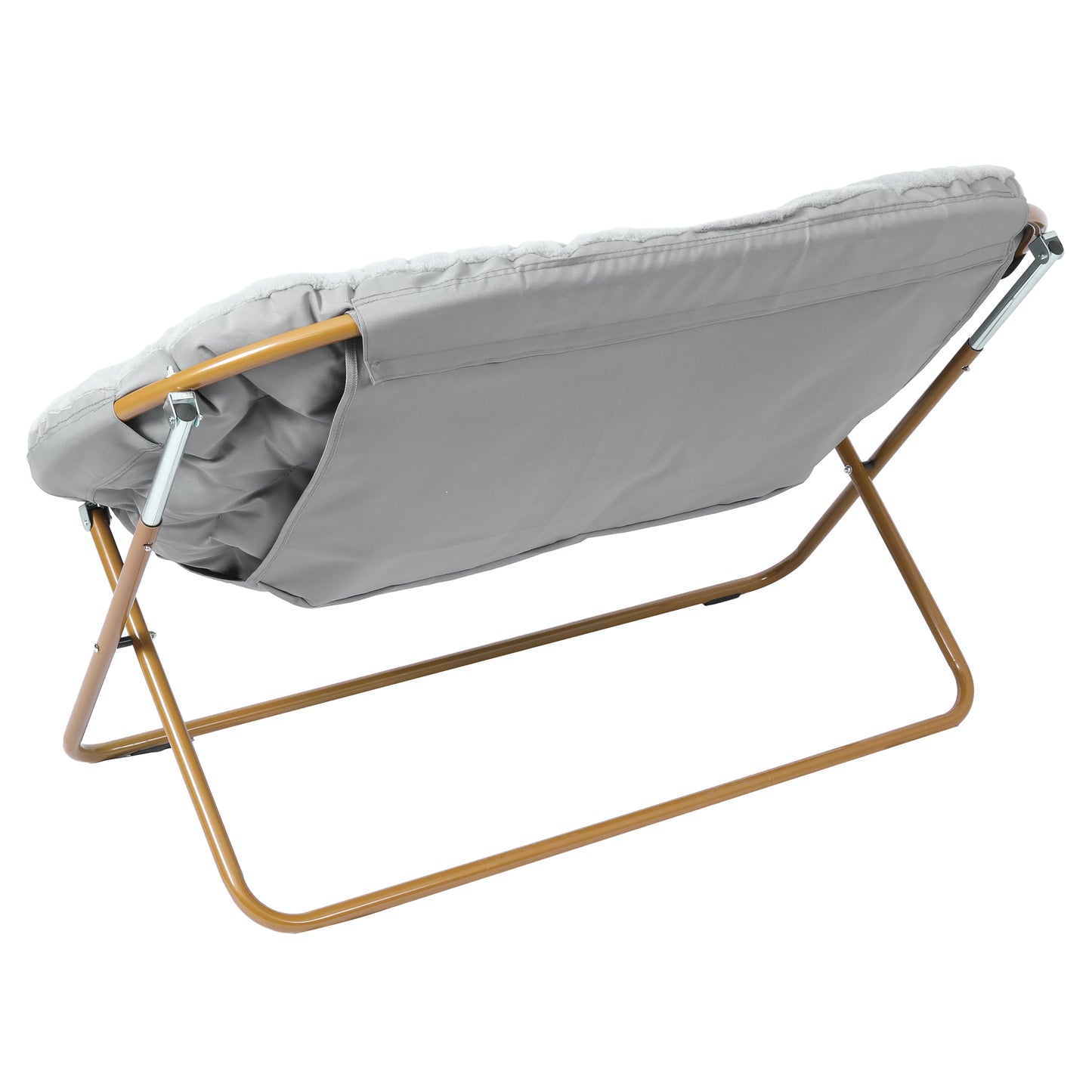 Eleanor 56" Portable Folding Double Saucer Chair in Gray Faux Fur with a Soft Gold Steel Frame for Dorm, Living Room, or Bedroom Gray Fabric/Soft Gold Frame
