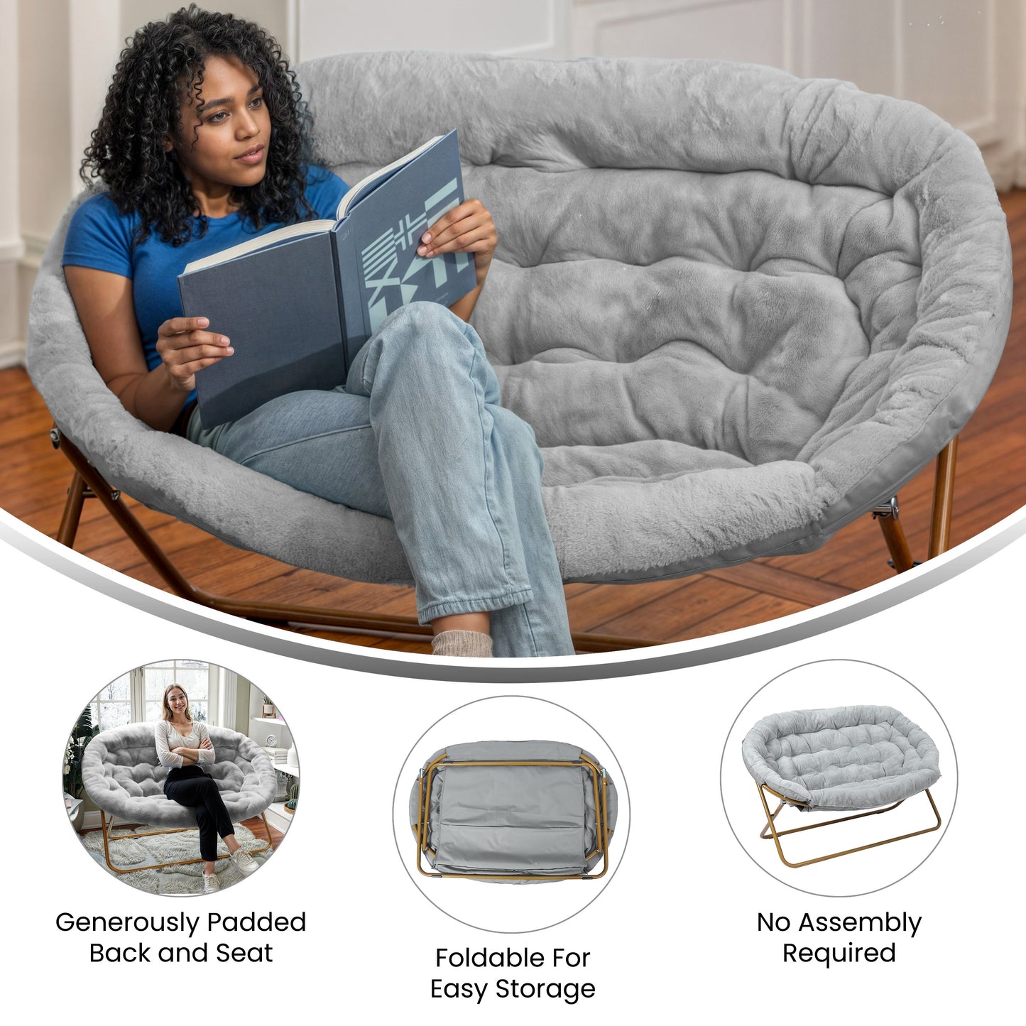 Eleanor 56" Portable Folding Double Saucer Chair in Gray Faux Fur with a Soft Gold Steel Frame for Dorm, Living Room, or Bedroom Gray Fabric/Soft Gold Frame