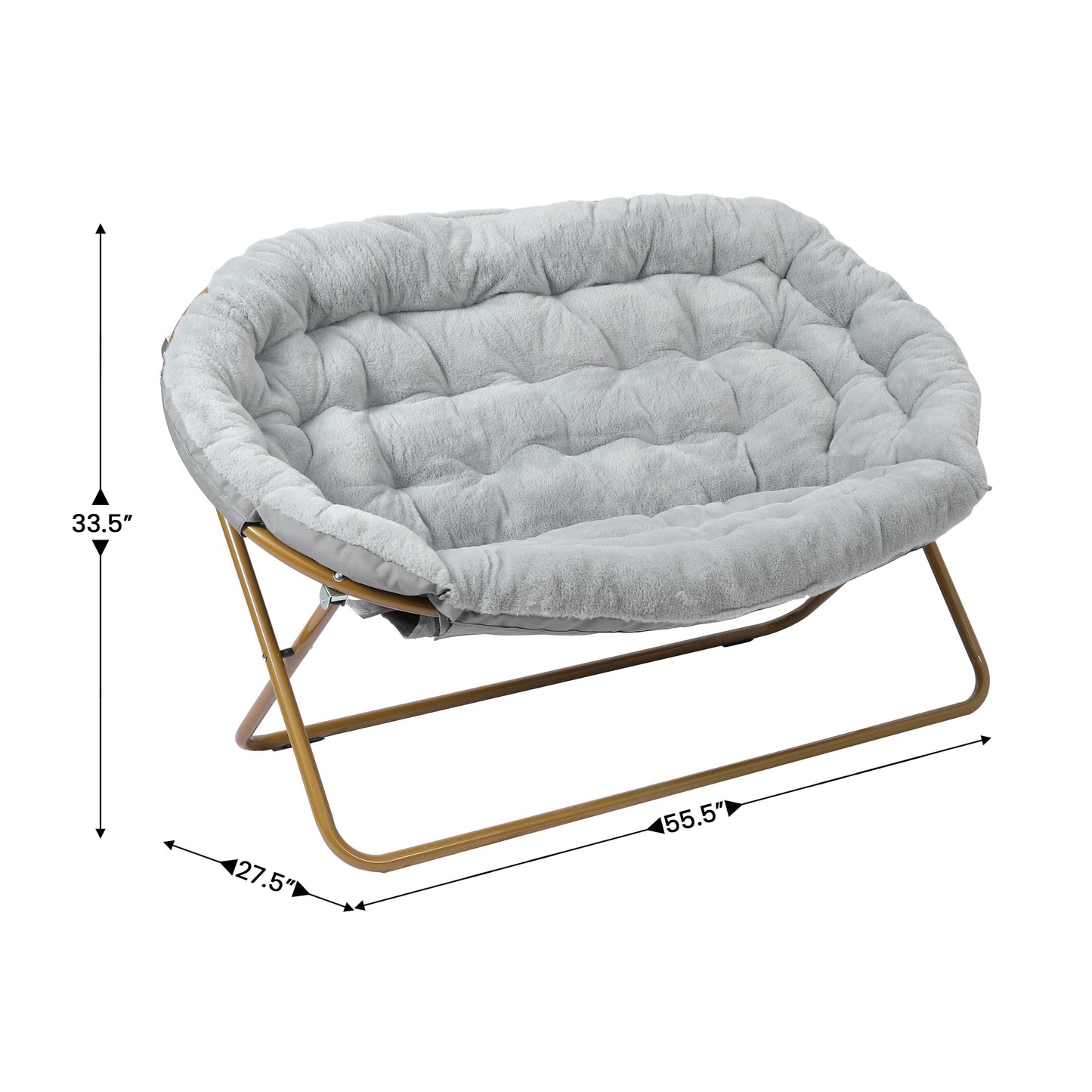 Eleanor 56" Portable Folding Double Saucer Chair in Gray Faux Fur with a Soft Gold Steel Frame for Dorm, Living Room, or Bedroom Gray Fabric/Soft Gold Frame