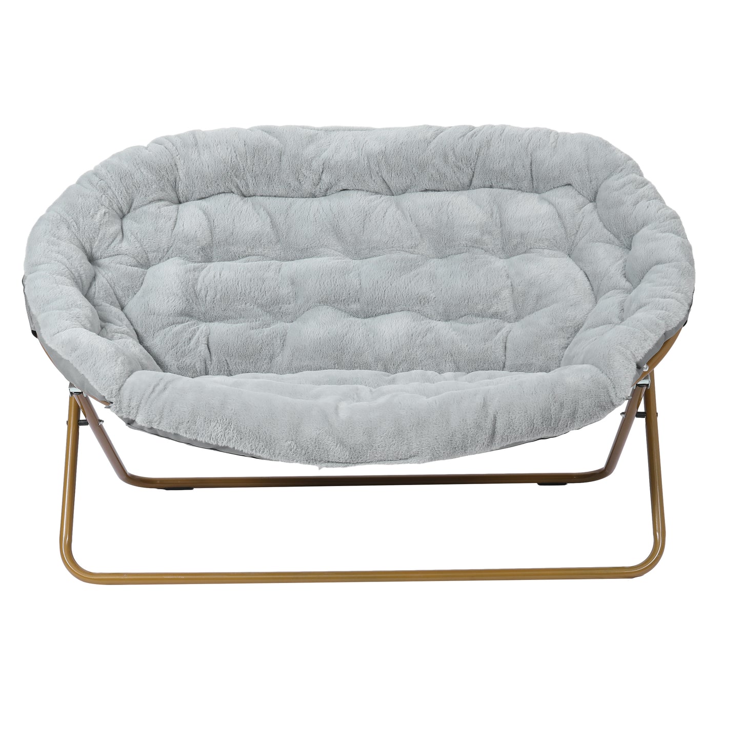 Eleanor 56" Portable Folding Double Saucer Chair in Gray Faux Fur with a Soft Gold Steel Frame for Dorm, Living Room, or Bedroom Gray Fabric/Soft Gold Frame