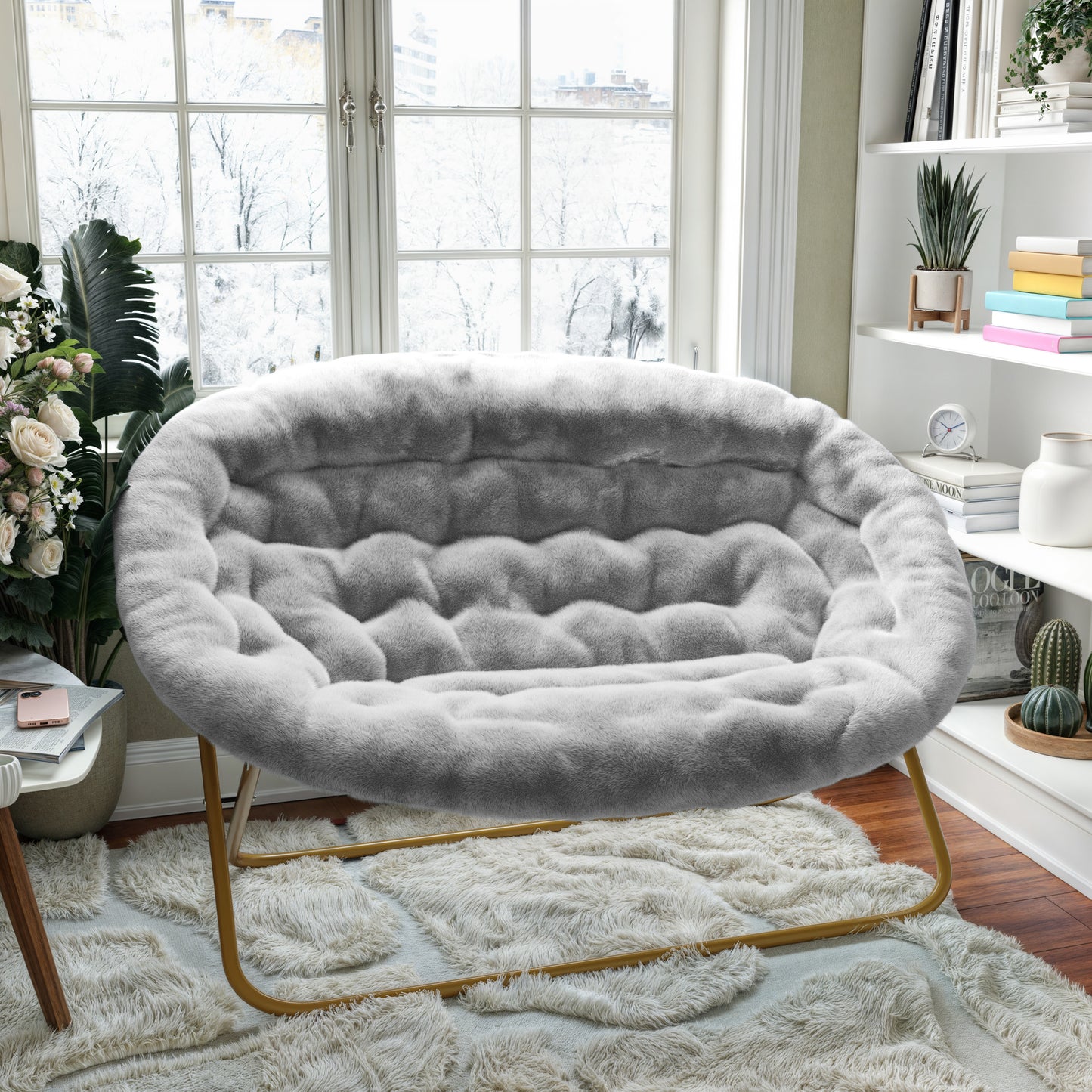 Eleanor 56" Portable Folding Double Saucer Chair in Gray Faux Fur with a Soft Gold Steel Frame for Dorm, Living Room, or Bedroom Gray Fabric/Soft Gold Frame