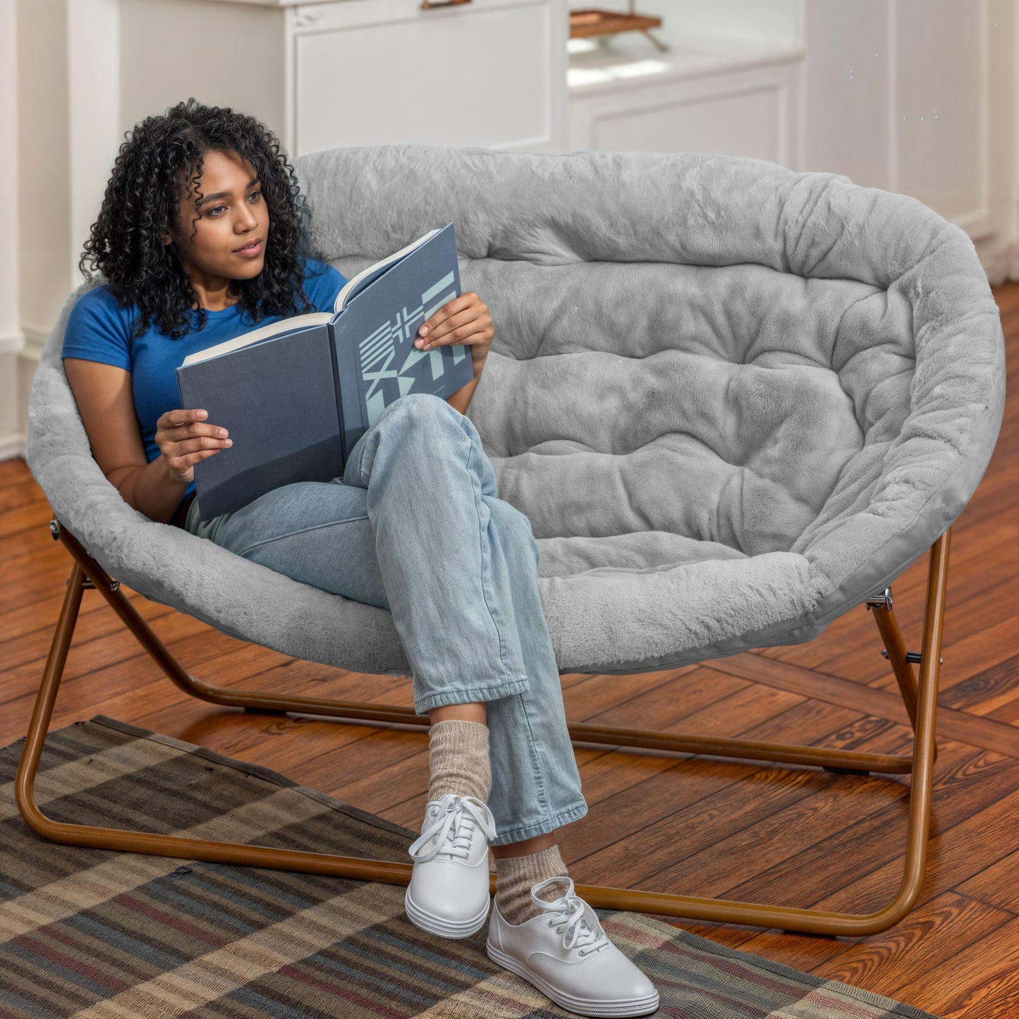 Eleanor 56" Portable Folding Double Saucer Chair in Gray Faux Fur with a Soft Gold Steel Frame for Dorm, Living Room, or Bedroom Gray Fabric/Soft Gold Frame