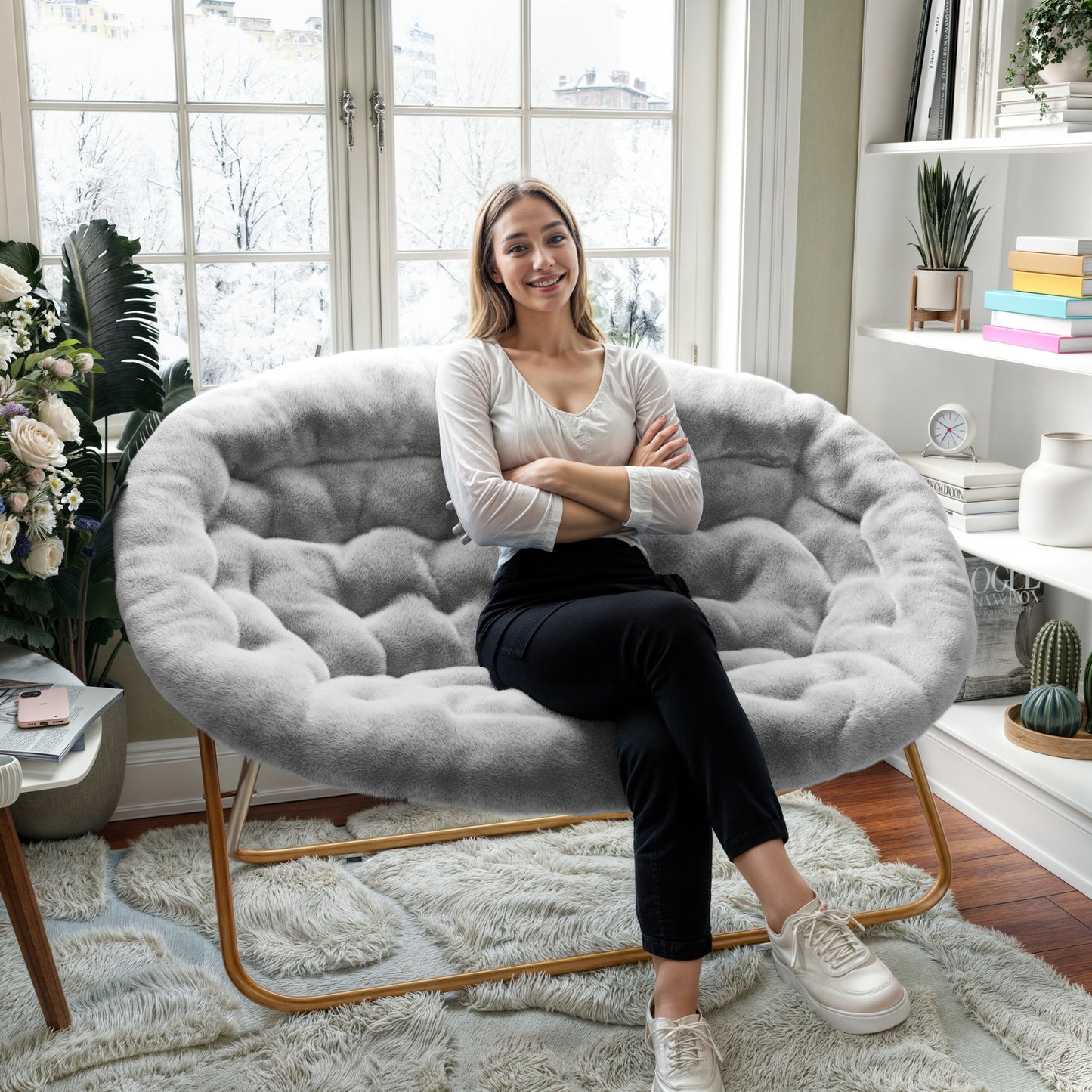 Eleanor 56" Portable Folding Double Saucer Chair in Gray Faux Fur with a Soft Gold Steel Frame for Dorm, Living Room, or Bedroom Gray Fabric/Soft Gold Frame