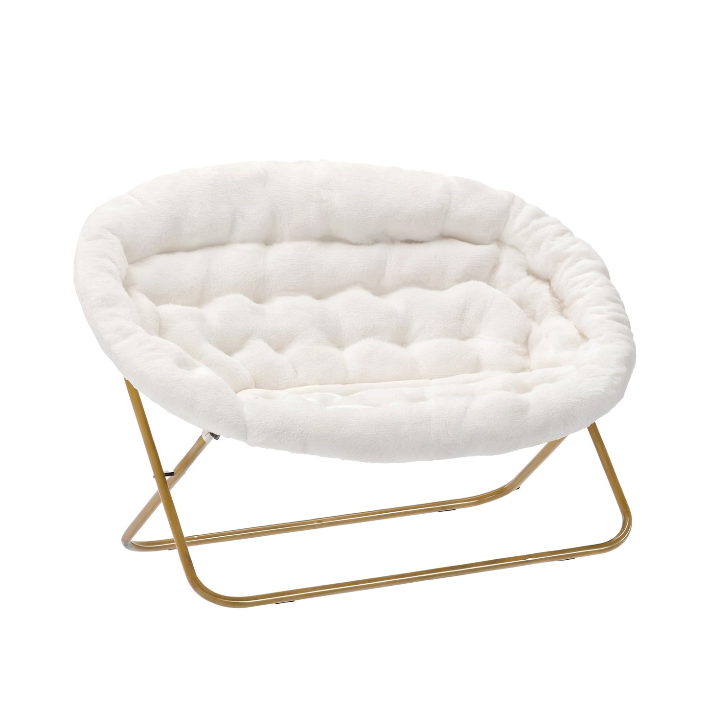 Eleanor 56" Portable Folding Double Saucer Chair in Ivory Faux Shearling with a Soft Gold Steel Frame for Dorm, Living Room, or Bedroom Ivory Faux Shearling Fabric/Soft Gold Frame