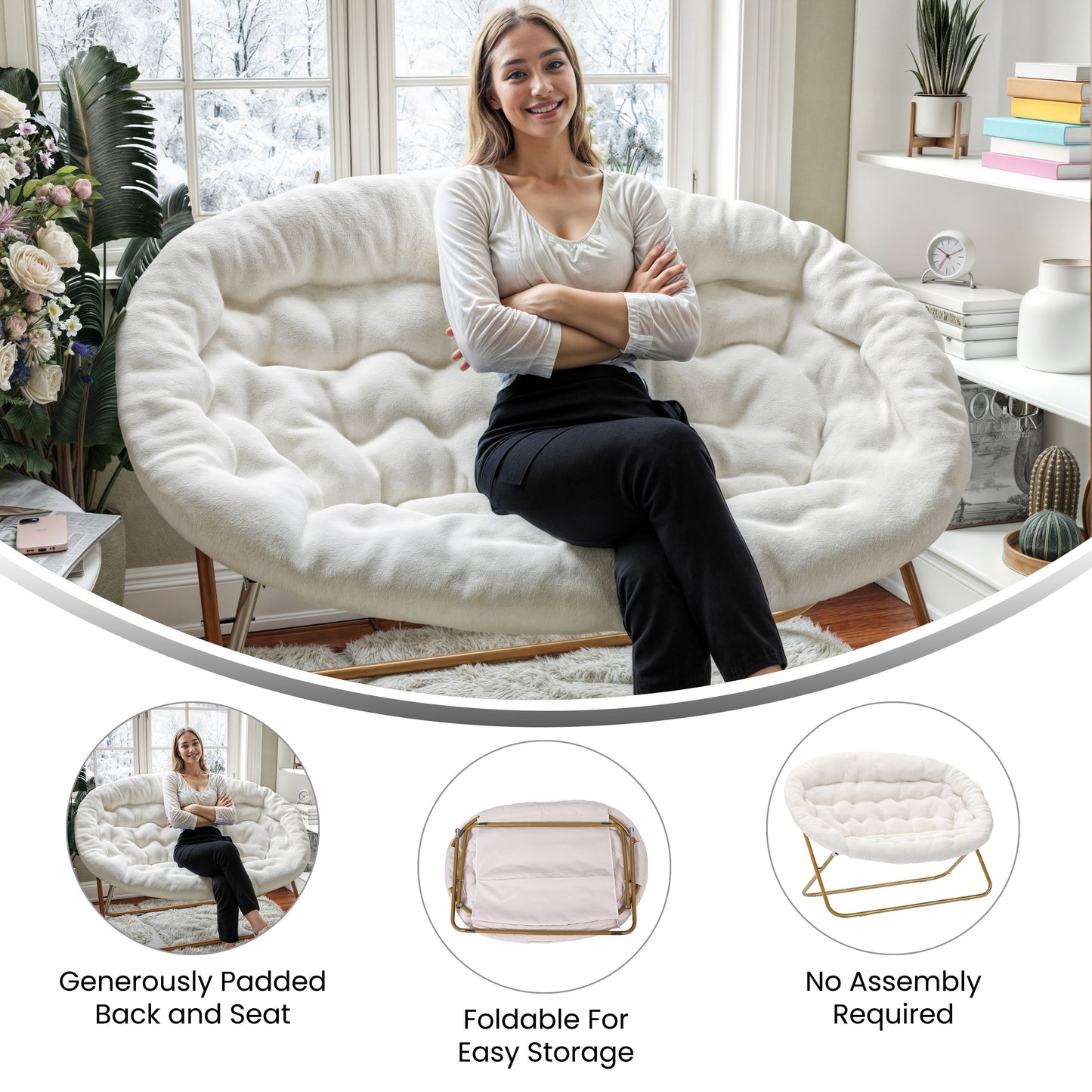 Eleanor 56" Portable Folding Double Saucer Chair in Ivory Faux Shearling with a Soft Gold Steel Frame for Dorm, Living Room, or Bedroom Ivory Faux Shearling Fabric/Soft Gold Frame