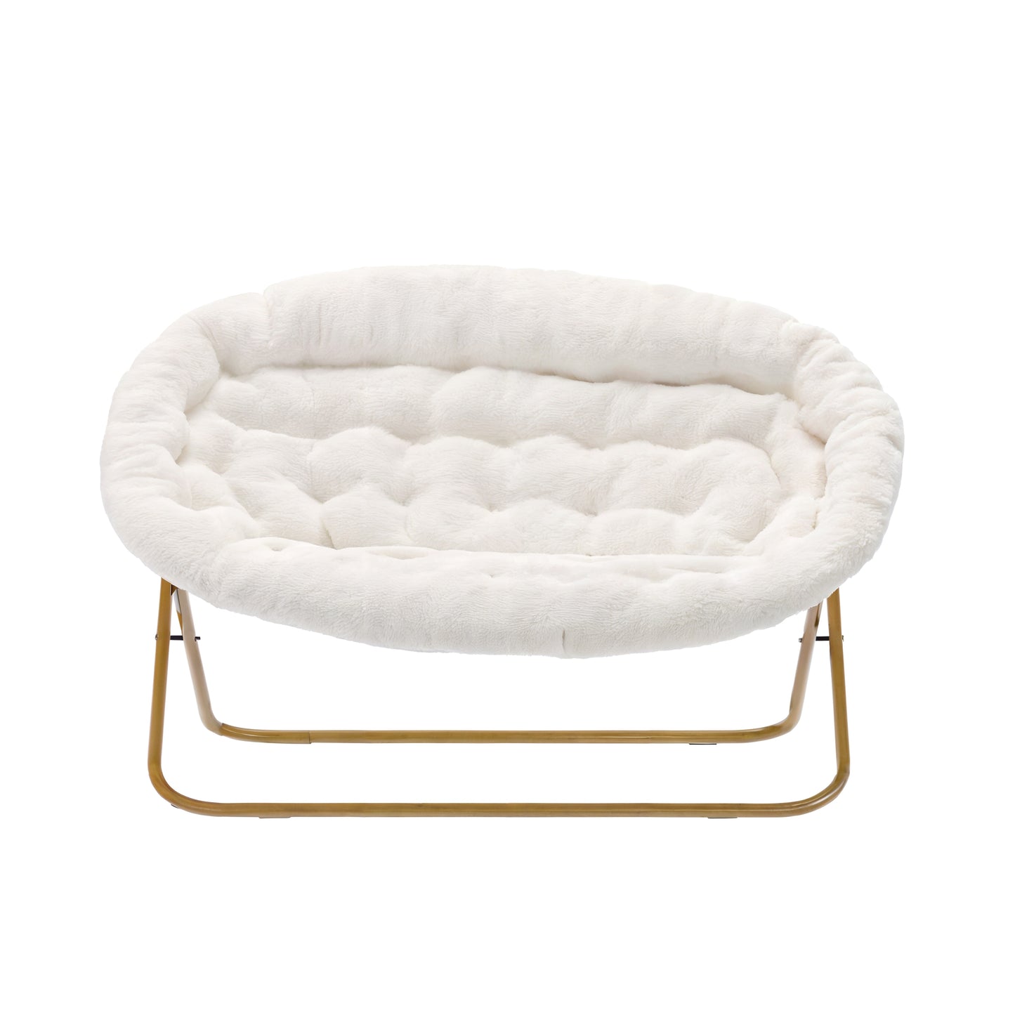 Eleanor 56" Portable Folding Double Saucer Chair in Ivory Faux Shearling with a Soft Gold Steel Frame for Dorm, Living Room, or Bedroom Ivory Faux Shearling Fabric/Soft Gold Frame