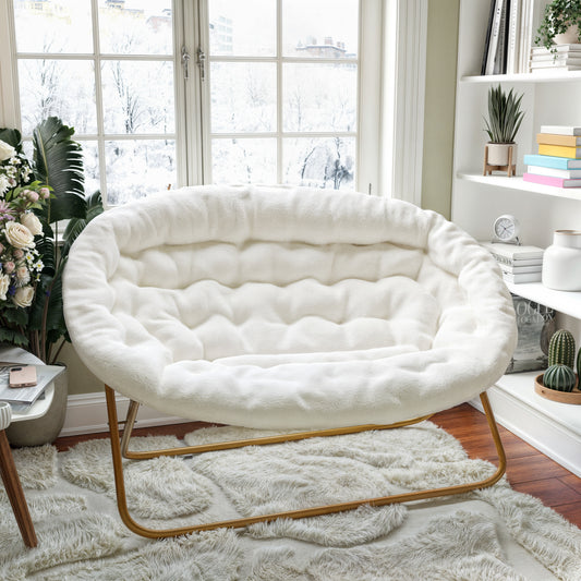 Eleanor 56" Portable Folding Double Saucer Chair in Ivory Faux Shearling with a Soft Gold Steel Frame for Dorm, Living Room, or Bedroom Ivory Faux Shearling Fabric/Soft Gold Frame