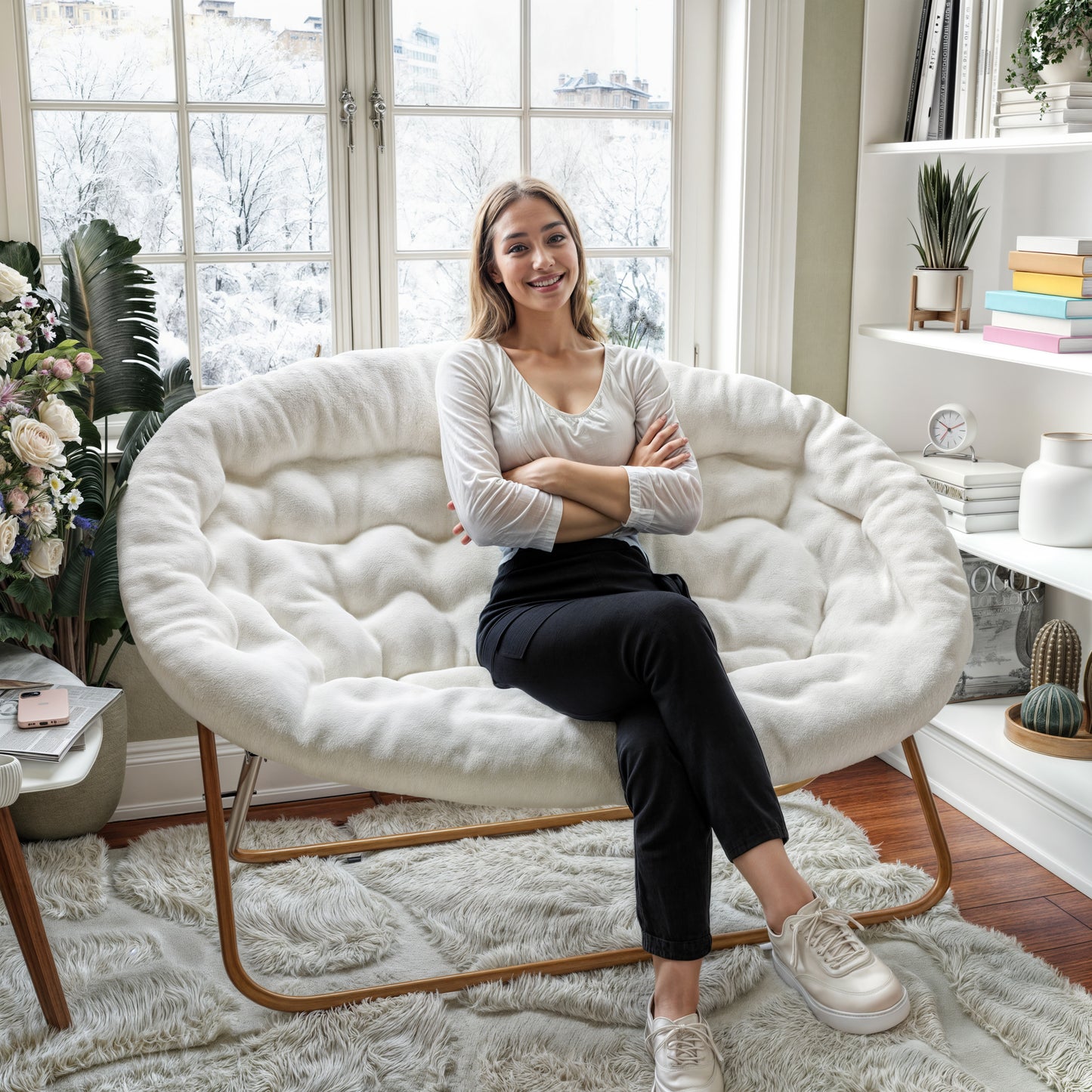 Eleanor 56" Portable Folding Double Saucer Chair in Ivory Faux Shearling with a Soft Gold Steel Frame for Dorm, Living Room, or Bedroom Ivory Faux Shearling Fabric/Soft Gold Frame