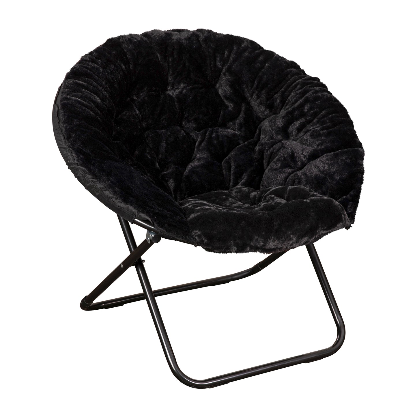 Gwen 38" Oversize Portable Faux Fur Folding Saucer Moon Chair for Dorm and Bedroom, Black Faux Fur/Black Frame Black Faux Fur/Black Frame