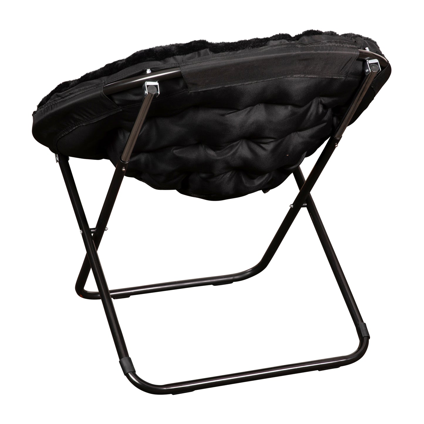 Gwen 38" Oversize Portable Faux Fur Folding Saucer Moon Chair for Dorm and Bedroom, Black Faux Fur/Black Frame Black Faux Fur/Black Frame