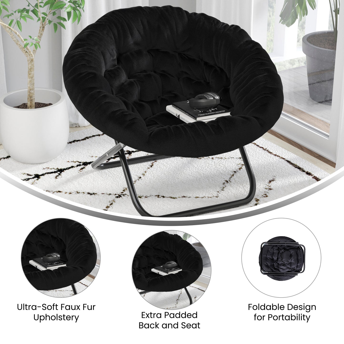 Gwen 38" Oversize Portable Faux Fur Folding Saucer Moon Chair for Dorm and Bedroom, Black Faux Fur/Black Frame Black Faux Fur/Black Frame