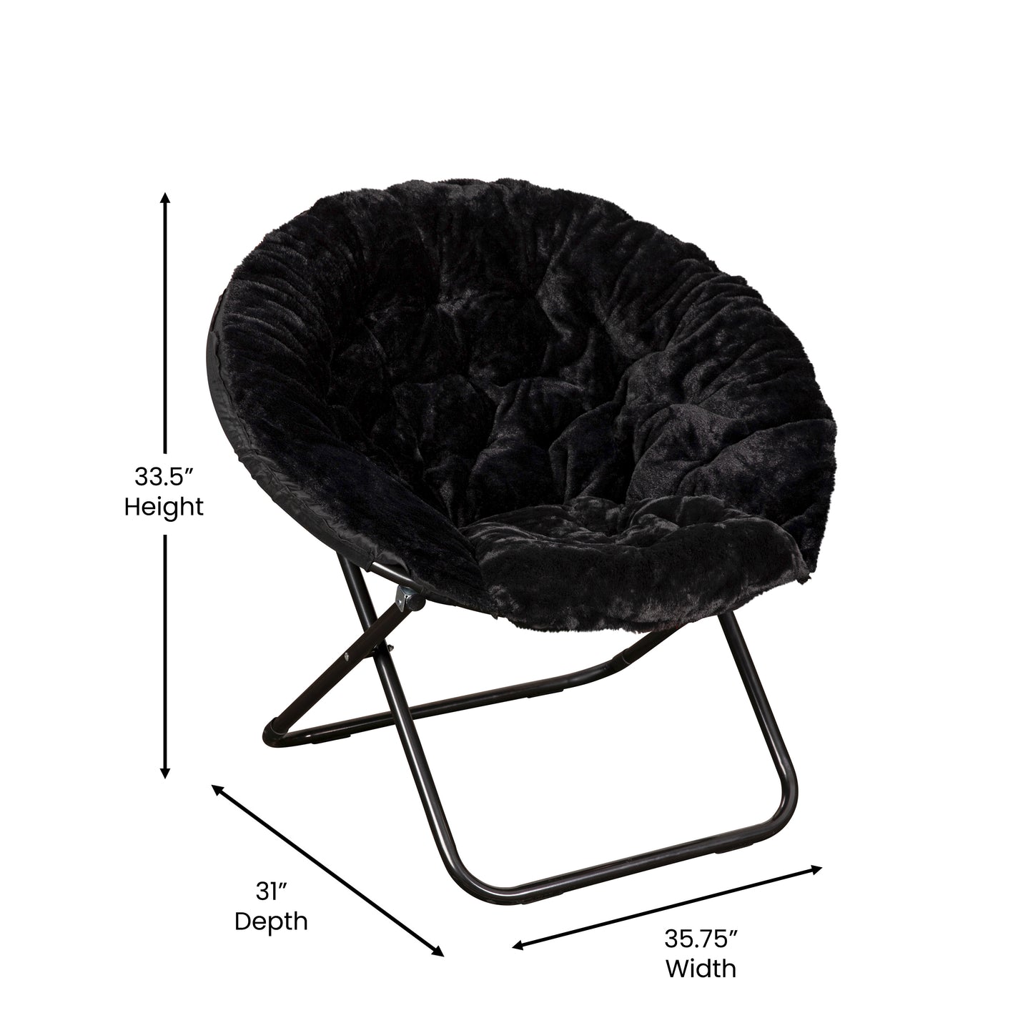 Gwen 38" Oversize Portable Faux Fur Folding Saucer Moon Chair for Dorm and Bedroom, Black Faux Fur/Black Frame Black Faux Fur/Black Frame