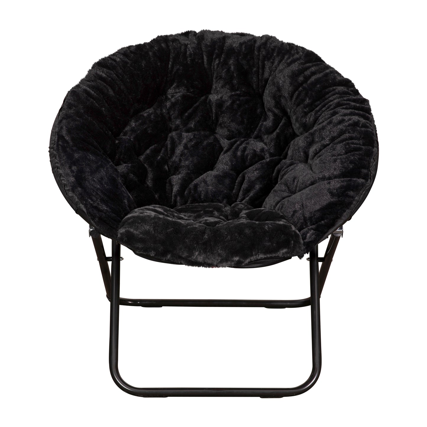 Gwen 38" Oversize Portable Faux Fur Folding Saucer Moon Chair for Dorm and Bedroom, Black Faux Fur/Black Frame Black Faux Fur/Black Frame