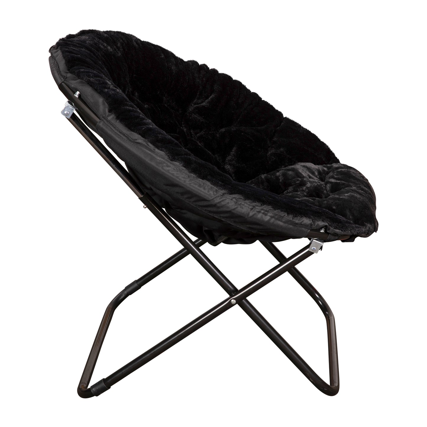 Gwen 38" Oversize Portable Faux Fur Folding Saucer Moon Chair for Dorm and Bedroom, Black Faux Fur/Black Frame Black Faux Fur/Black Frame