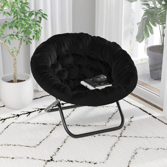 Gwen 38" Oversize Portable Faux Fur Folding Saucer Moon Chair for Dorm and Bedroom, Black Faux Fur/Black Frame Black Faux Fur/Black Frame
