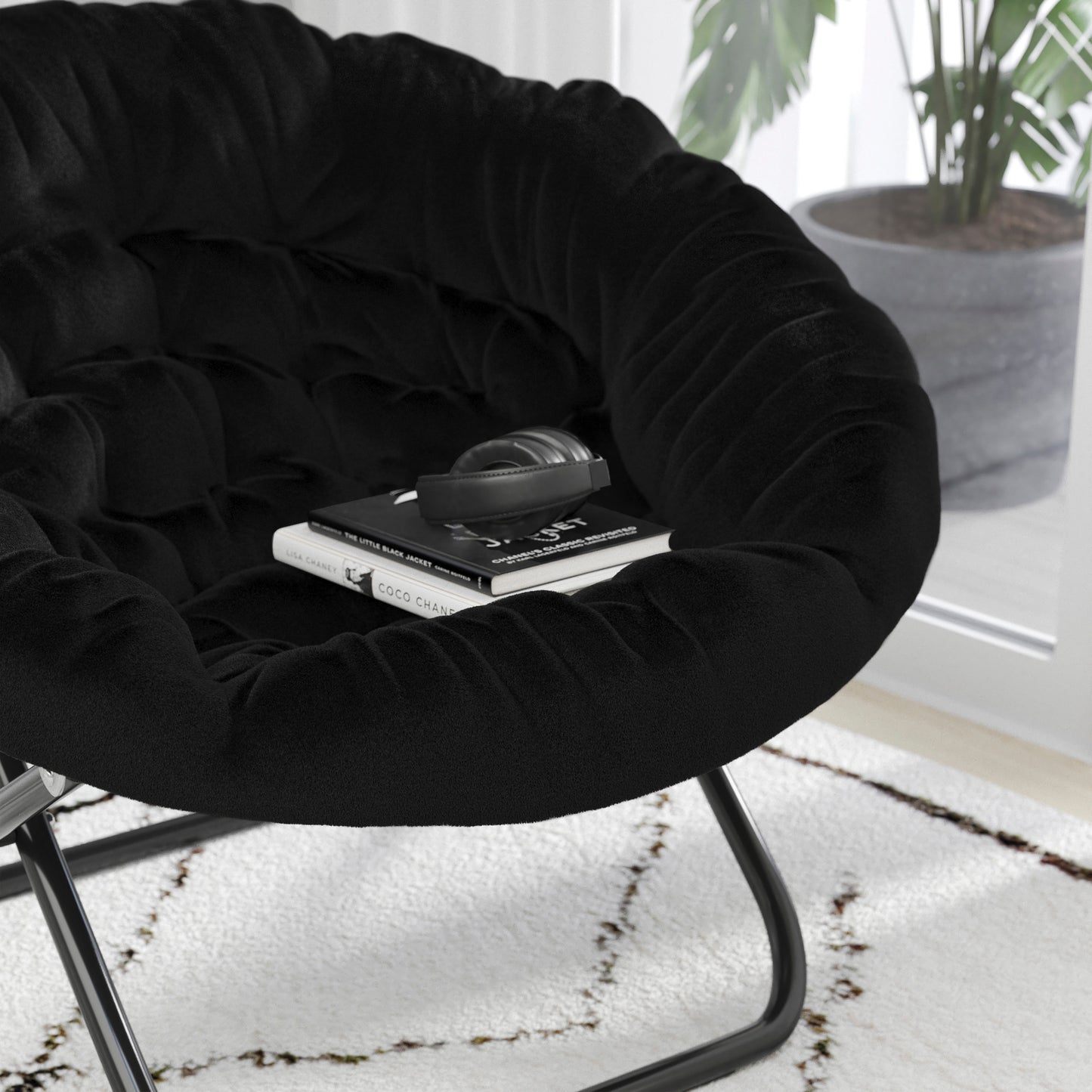 Gwen 38" Oversize Portable Faux Fur Folding Saucer Moon Chair for Dorm and Bedroom, Black Faux Fur/Black Frame Black Faux Fur/Black Frame