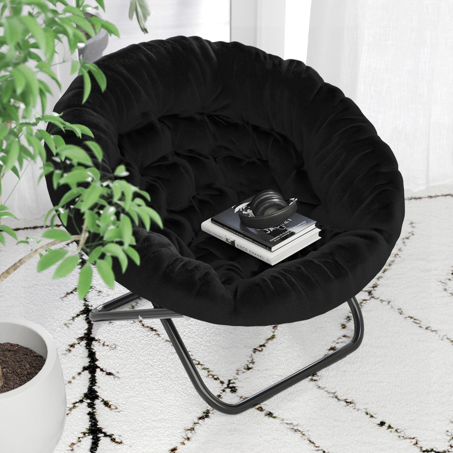 Gwen 38" Oversize Portable Faux Fur Folding Saucer Moon Chair for Dorm and Bedroom, Black Faux Fur/Black Frame Black Faux Fur/Black Frame