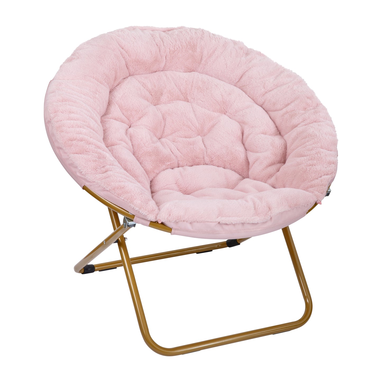 Gwen 38" Oversize Portable Faux Fur Folding Saucer Moon Chair for Dorm and Bedroom, Blush Faux Fur/Soft Gold Frame Blush Faux Fur/Soft Gold Frame