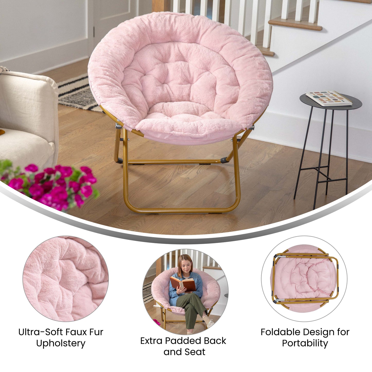 Gwen 38" Oversize Portable Faux Fur Folding Saucer Moon Chair for Dorm and Bedroom, Blush Faux Fur/Soft Gold Frame Blush Faux Fur/Soft Gold Frame