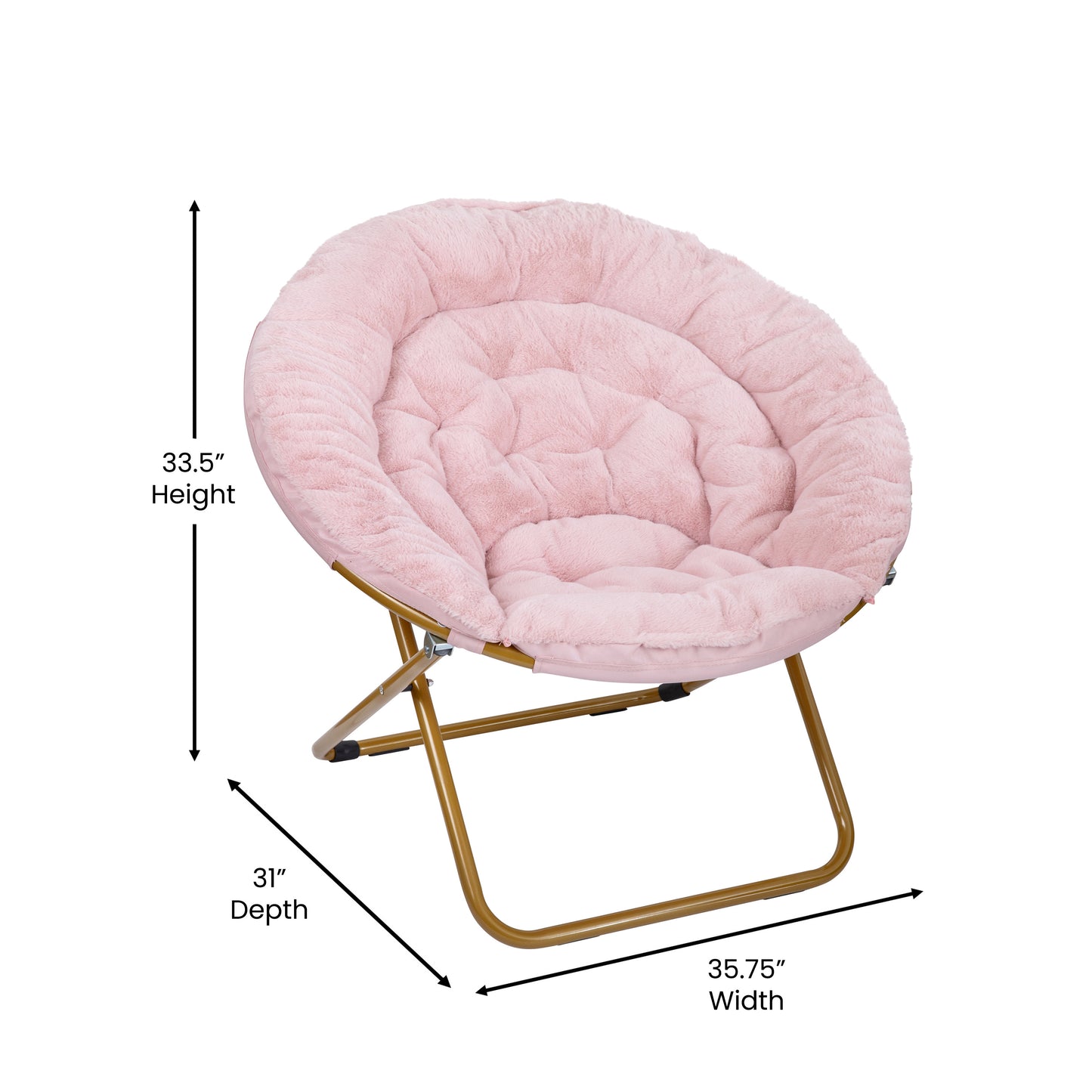 Gwen 38" Oversize Portable Faux Fur Folding Saucer Moon Chair for Dorm and Bedroom, Blush Faux Fur/Soft Gold Frame Blush Faux Fur/Soft Gold Frame