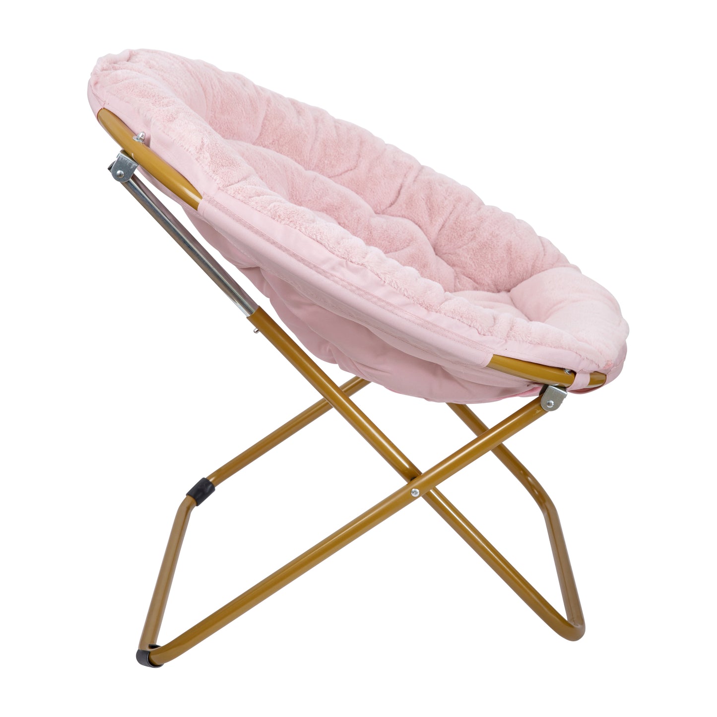 Gwen 38" Oversize Portable Faux Fur Folding Saucer Moon Chair for Dorm and Bedroom, Blush Faux Fur/Soft Gold Frame Blush Faux Fur/Soft Gold Frame