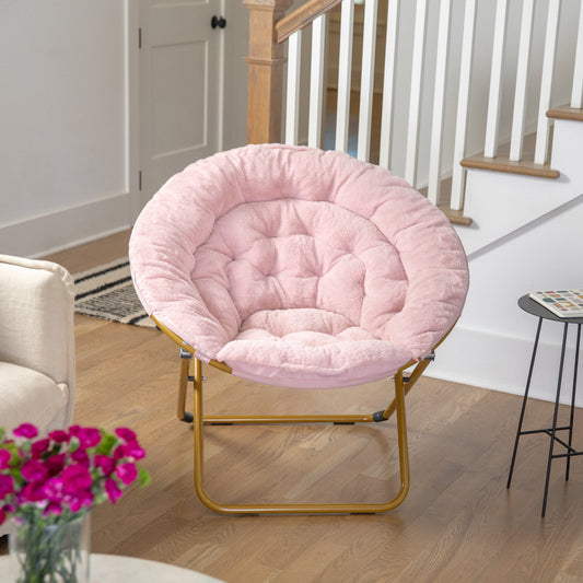 Gwen 38" Oversize Portable Faux Fur Folding Saucer Moon Chair for Dorm and Bedroom, Blush Faux Fur/Soft Gold Frame Blush Faux Fur/Soft Gold Frame