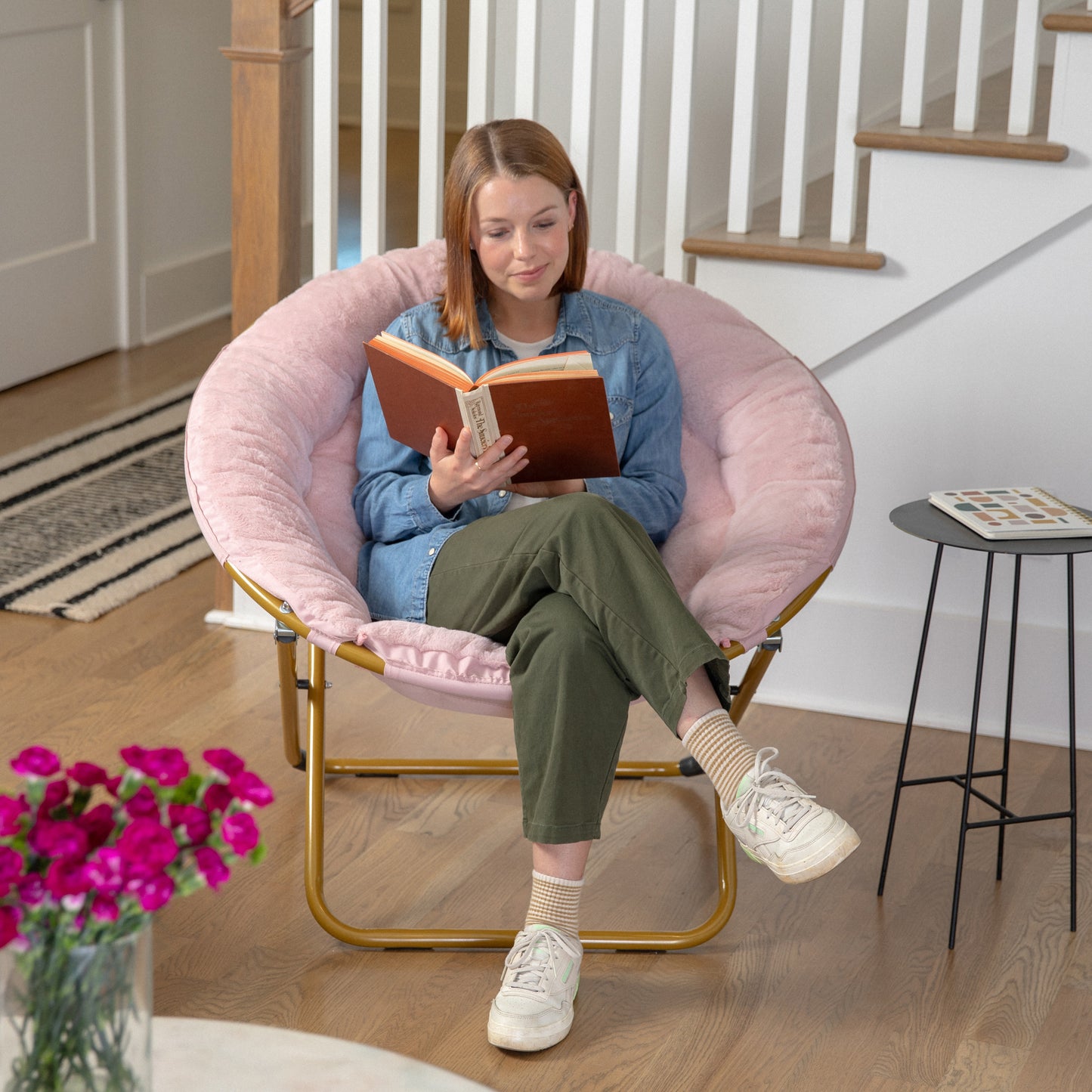 Gwen 38" Oversize Portable Faux Fur Folding Saucer Moon Chair for Dorm and Bedroom, Blush Faux Fur/Soft Gold Frame Blush Faux Fur/Soft Gold Frame