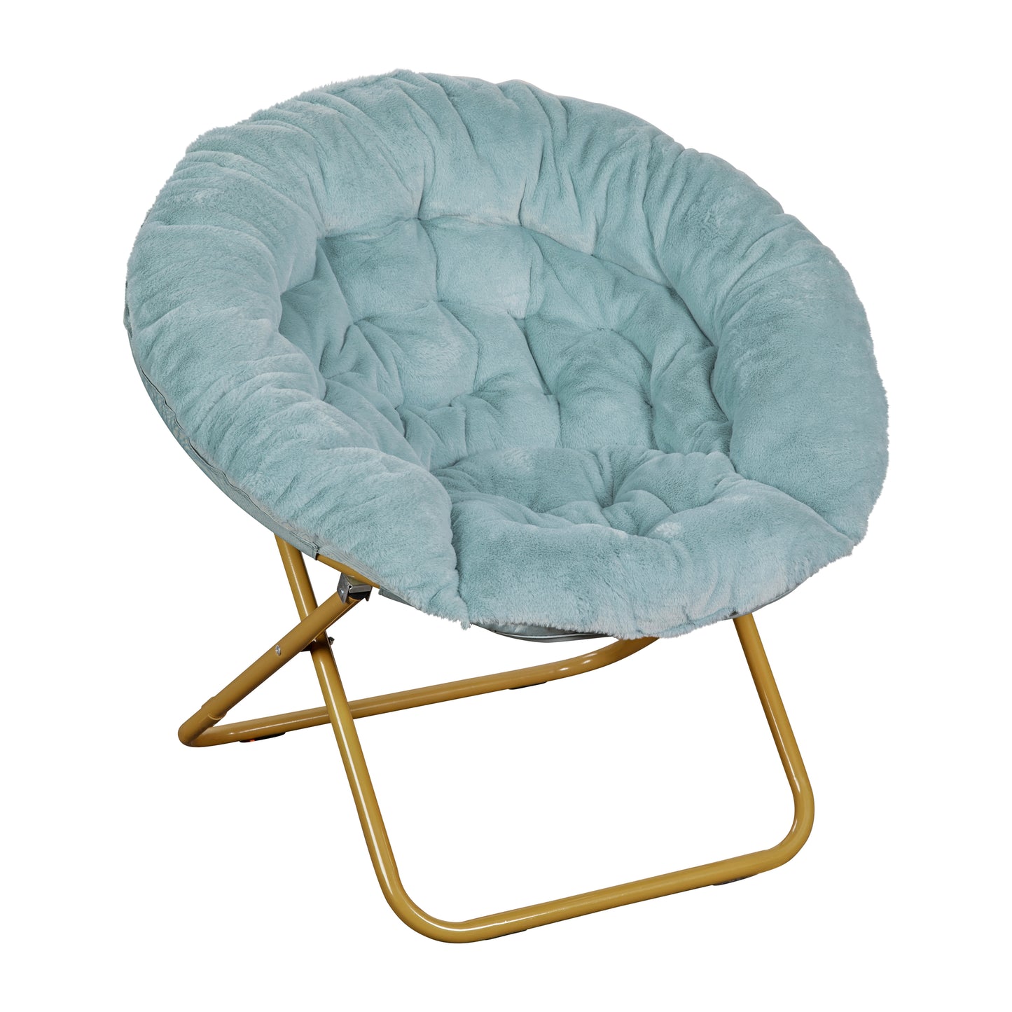 Gwen 38" Oversize Portable Faux Fur Folding Saucer Moon Chair for Dorm and Bedroom, Dusty Aqua Faux Fur/Soft Gold Frame Dusty Aqua Faux Fur/Soft Gold Frame
