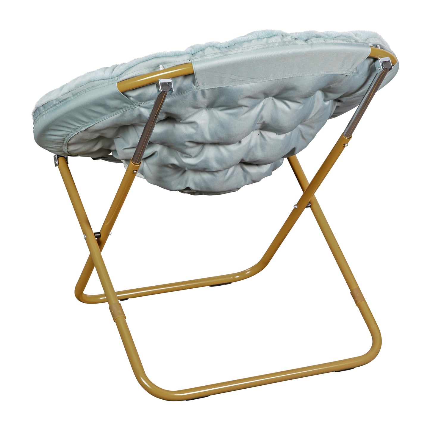 Gwen 38" Oversize Portable Faux Fur Folding Saucer Moon Chair for Dorm and Bedroom, Dusty Aqua Faux Fur/Soft Gold Frame Dusty Aqua Faux Fur/Soft Gold Frame