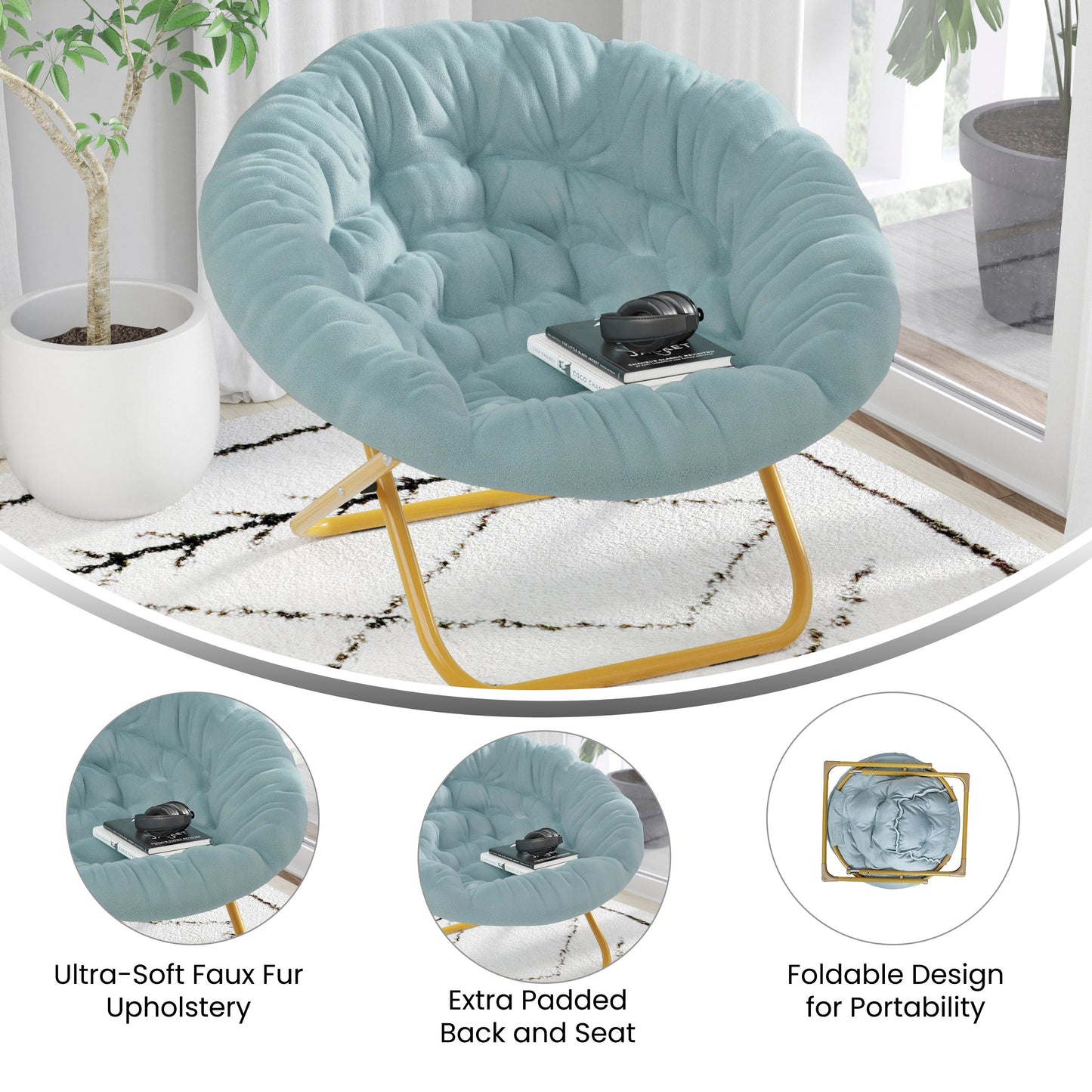 Gwen 38" Oversize Portable Faux Fur Folding Saucer Moon Chair for Dorm and Bedroom, Dusty Aqua Faux Fur/Soft Gold Frame Dusty Aqua Faux Fur/Soft Gold Frame