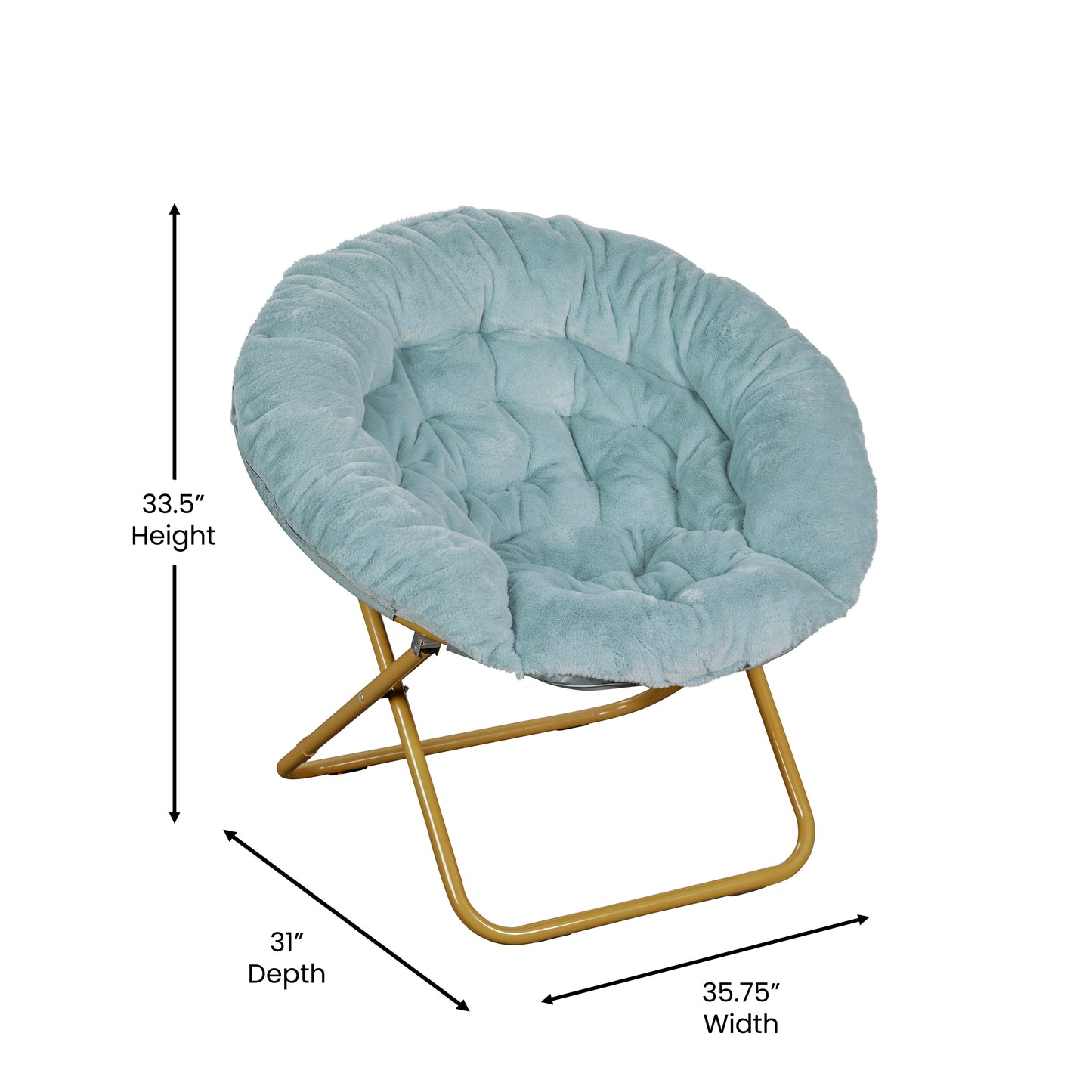 Gwen 38" Oversize Portable Faux Fur Folding Saucer Moon Chair for Dorm and Bedroom, Dusty Aqua Faux Fur/Soft Gold Frame Dusty Aqua Faux Fur/Soft Gold Frame