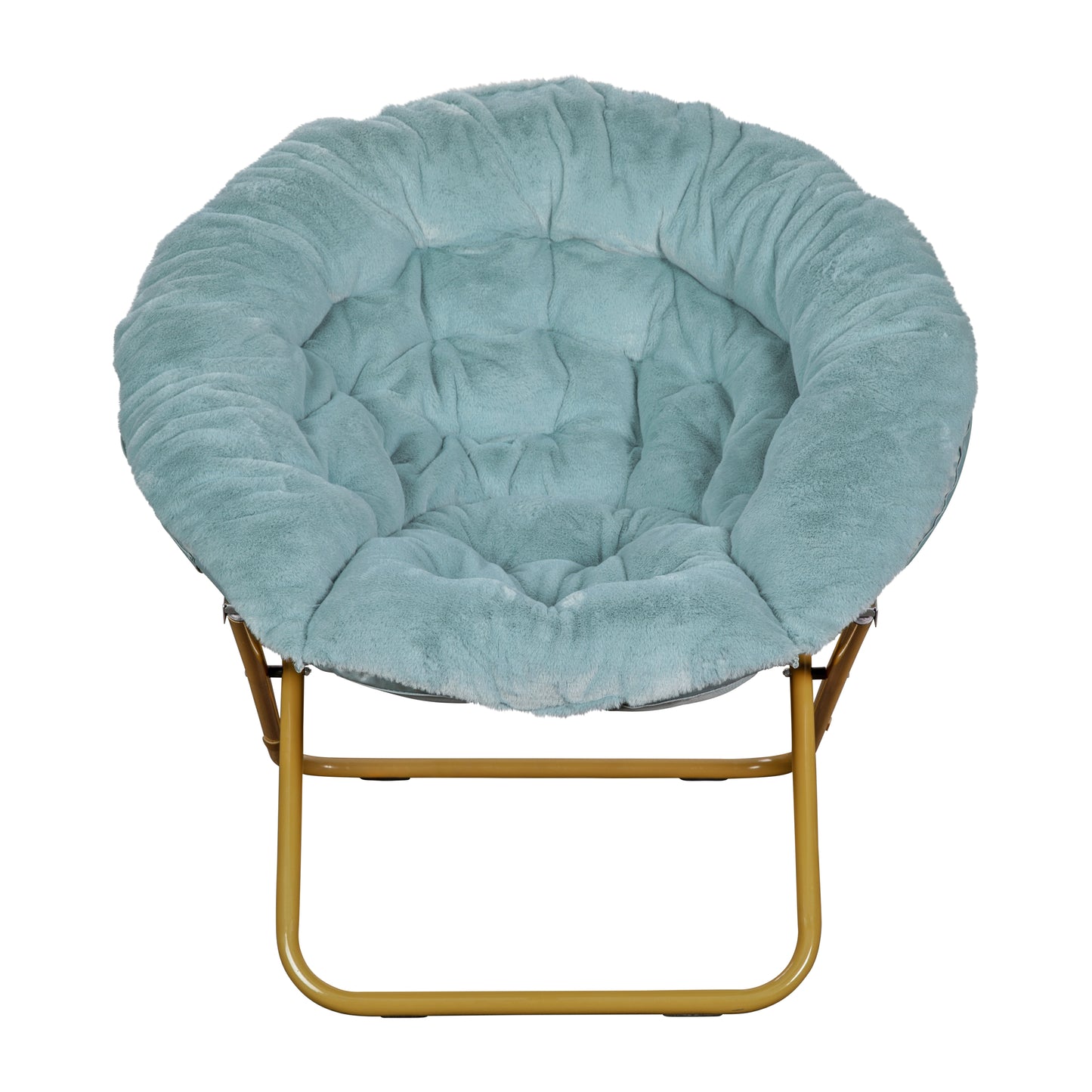 Gwen 38" Oversize Portable Faux Fur Folding Saucer Moon Chair for Dorm and Bedroom, Dusty Aqua Faux Fur/Soft Gold Frame Dusty Aqua Faux Fur/Soft Gold Frame