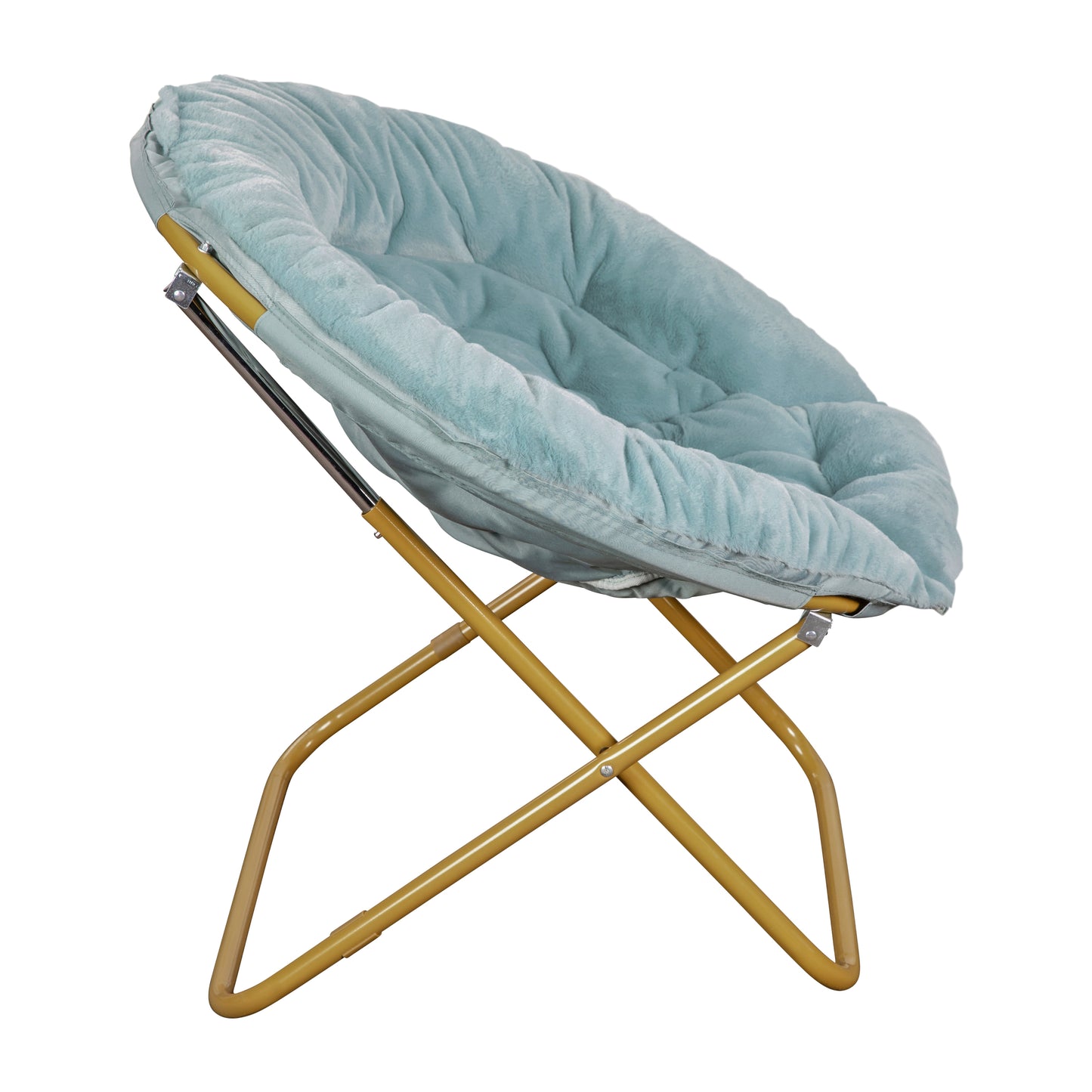 Gwen 38" Oversize Portable Faux Fur Folding Saucer Moon Chair for Dorm and Bedroom, Dusty Aqua Faux Fur/Soft Gold Frame Dusty Aqua Faux Fur/Soft Gold Frame