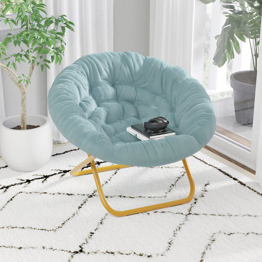Gwen 38" Oversize Portable Faux Fur Folding Saucer Moon Chair for Dorm and Bedroom, Dusty Aqua Faux Fur/Soft Gold Frame Dusty Aqua Faux Fur/Soft Gold Frame