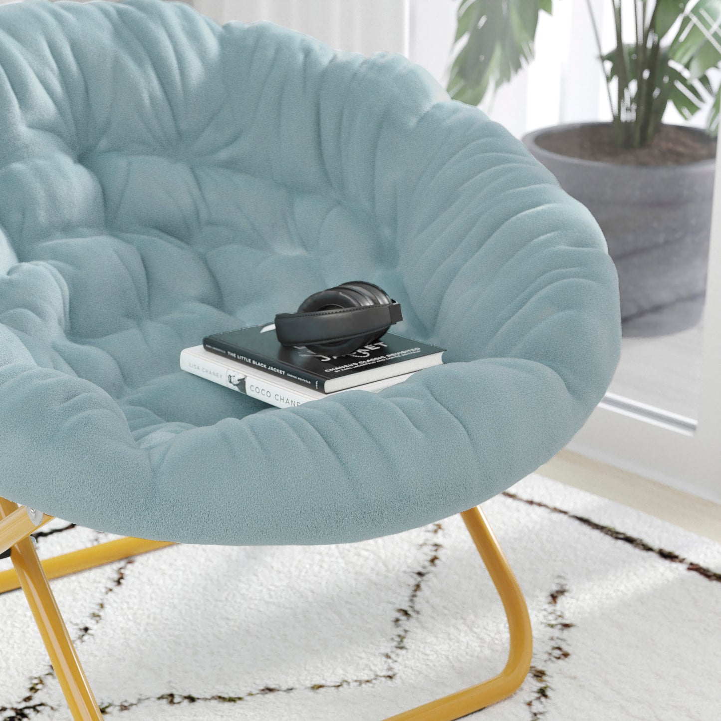Gwen 38" Oversize Portable Faux Fur Folding Saucer Moon Chair for Dorm and Bedroom, Dusty Aqua Faux Fur/Soft Gold Frame Dusty Aqua Faux Fur/Soft Gold Frame