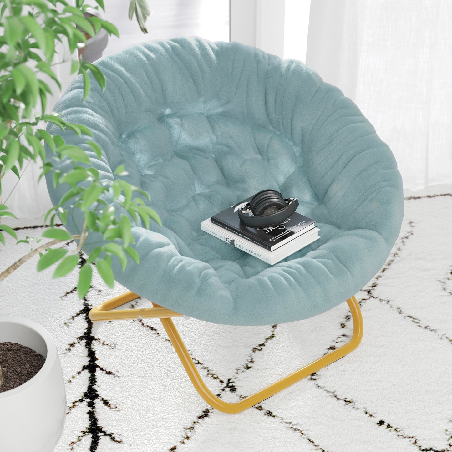 Gwen 38" Oversize Portable Faux Fur Folding Saucer Moon Chair for Dorm and Bedroom, Dusty Aqua Faux Fur/Soft Gold Frame Dusty Aqua Faux Fur/Soft Gold Frame