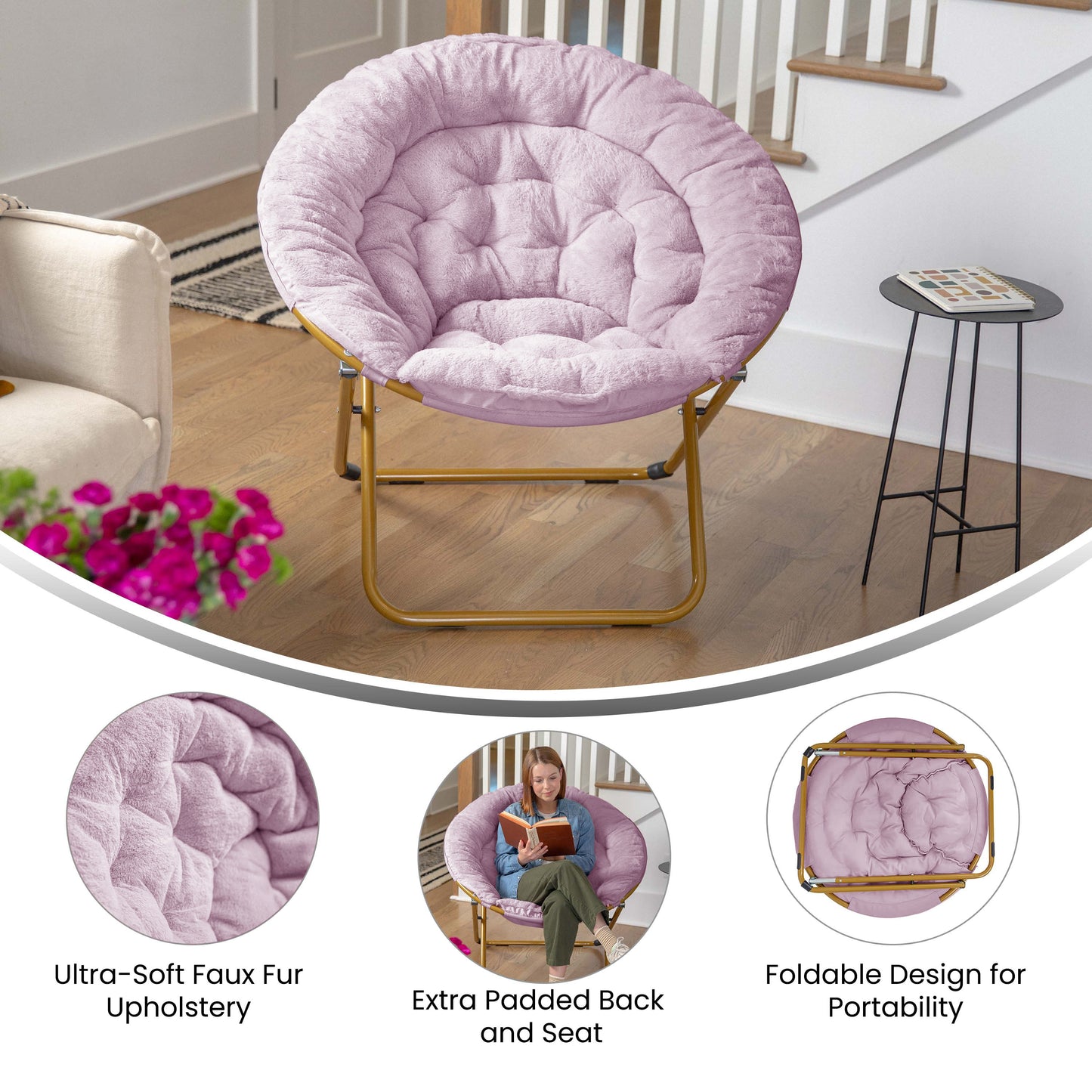 Gwen 38" Oversize Portable Faux Fur Folding Saucer Moon Chair for Dorm and Bedroom, Dusty Purple Faux Fur/Soft Gold Frame Dusty Purple Fabric/ Soft Gold Frame FV-FMC-025-DTPRP-SGD-GG