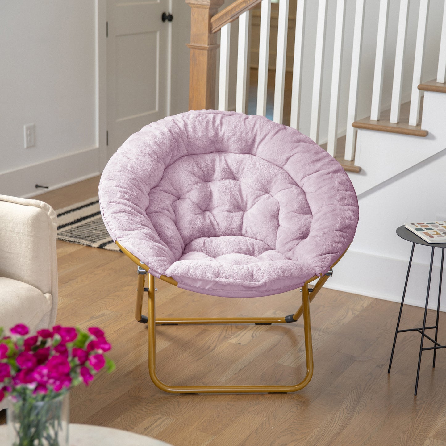 Gwen 38" Oversize Portable Faux Fur Folding Saucer Moon Chair for Dorm and Bedroom, Dusty Purple Faux Fur/Soft Gold Frame Dusty Purple Fabric/ Soft Gold Frame FV-FMC-025-DTPRP-SGD-GG