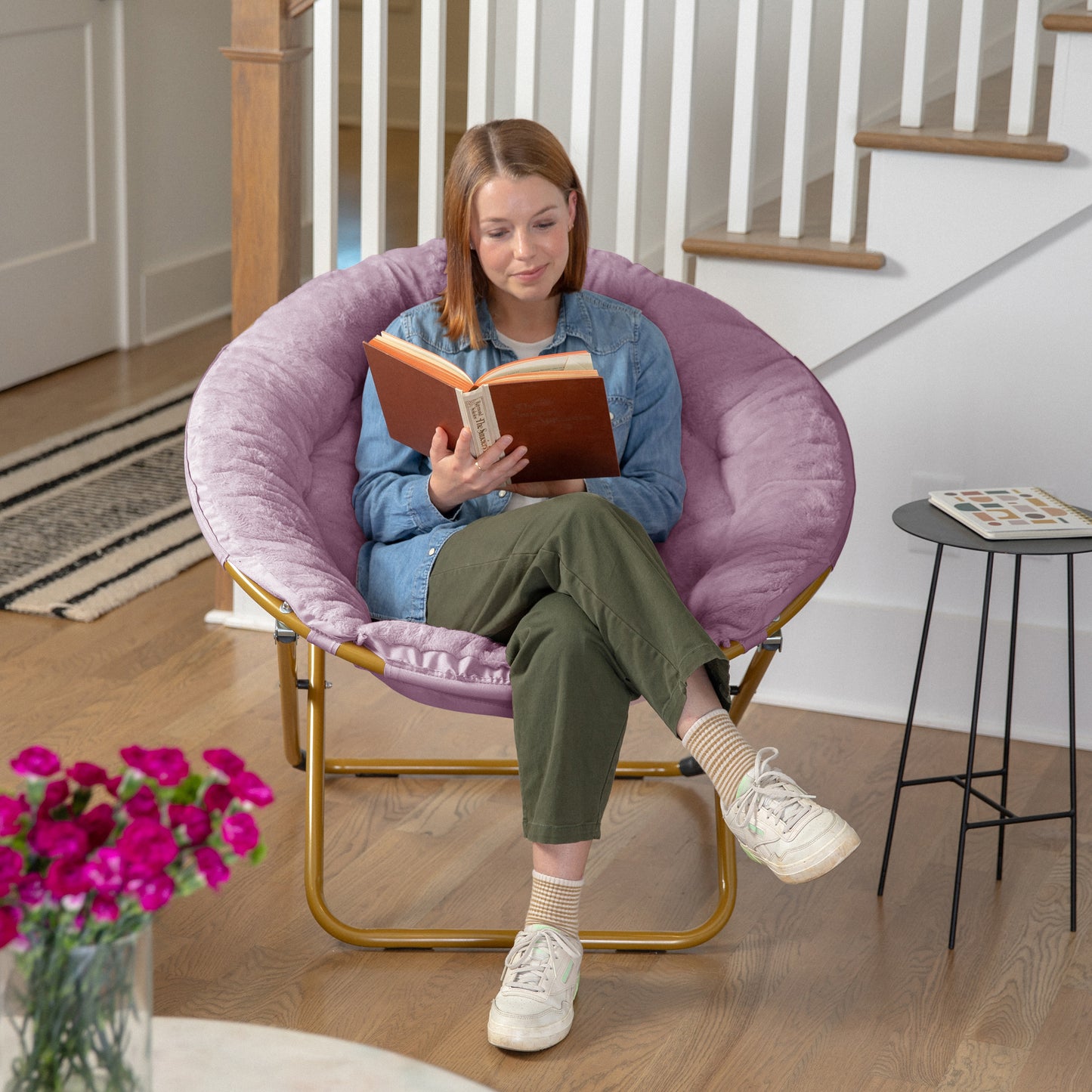 Gwen 38" Oversize Portable Faux Fur Folding Saucer Moon Chair for Dorm and Bedroom, Dusty Purple Faux Fur/Soft Gold Frame Dusty Purple Fabric/ Soft Gold Frame FV-FMC-025-DTPRP-SGD-GG